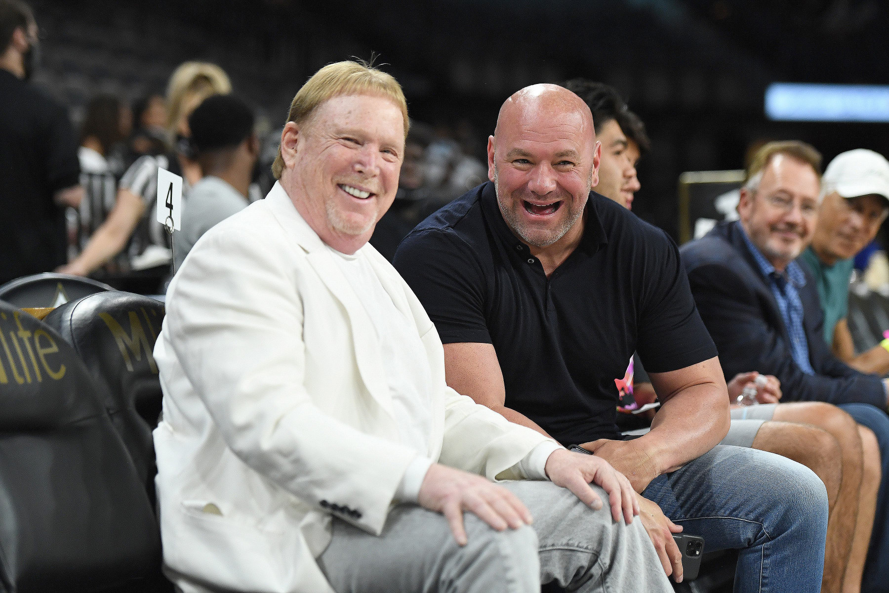 LAS VEGAS, NV - JULY 7: UFC President, Dana White and Las Vegas Aces owner, Mark Davis attend the game between the Phoenix Mercury and the Las Vegas Aces on July 7, 2021 at the Michelob ULTRA Arena in Las Vegas, Nevada. NOTE TO USER: User expressly acknowledges and agrees that, by downloading and or using this photograph, User is consenting to the terms and conditions of the Getty Images License Agreement. Mandatory Copyright Notice: Copyright 2021 NBAE (Photo by David Becker/NBAE via Getty Images) LAS VEGAS, NV - JULY 7: UFC President, Dana White and Las Vegas Aces owner, Mark Davis attend the game between the Phoenix Mercury and the Las Vegas Aces on July 7, 2021 at the Michelob ULTRA Arena in Las Vegas, Nevada. NOTE TO USER: User expressly acknowledges and agrees that, by downloading and or using this photograph, User is consenting to the terms and conditions of the Getty Images License Agreement. Mandatory Copyright Notice: Copyright 2021 NBAE (Photo by David Becker/NBAE via Getty Images)