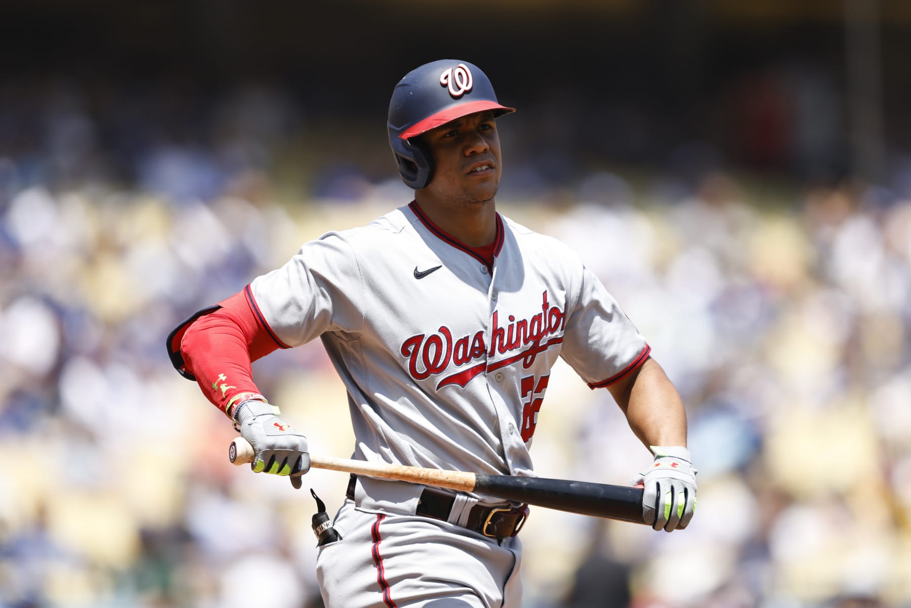 LOS ANGELES, CALIFORNIA - JULY 27: Juan Soto #22 of the Washington Nationals reacts while as he is walked against the Los Angeles Dodgers during the first inning at Dodger Stadium on July 27, 2022 in Los Angeles, California. (Photo by Michael Owens/Getty Images)