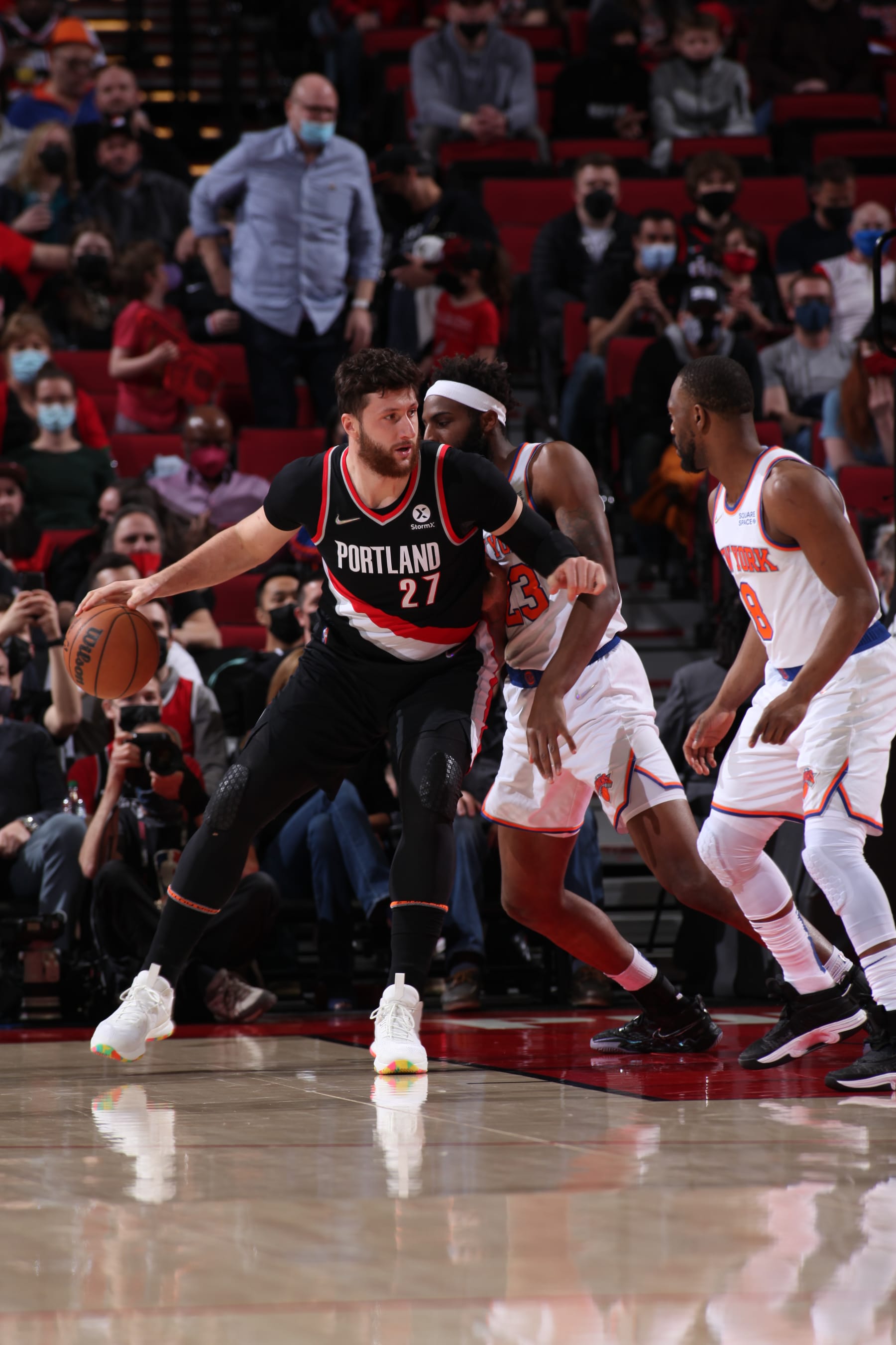 PORTLAND, OR - FEBRUARY 12: Jusuf Nurkic #27 of the Portland Trail Blazers drives to the basket during the game against the New York Knicks  on February 12, 2022 at the Moda Center Arena in Portland, Oregon. NOTE TO USER: User expressly acknowledges and agrees that, by downloading and or using this photograph, user is consenting to the terms and conditions of the Getty Images License Agreement. Mandatory Copyright Notice: Copyright 2022 NBAE (Photo by Cameron Browne/NBAE via Getty Images)