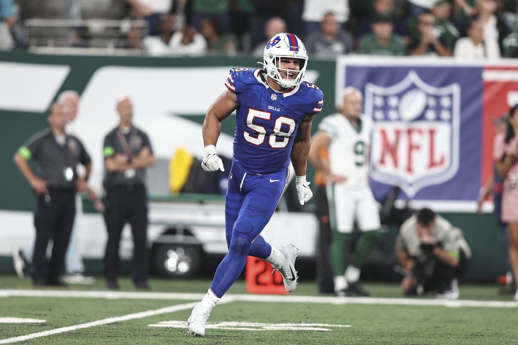 EAST RUTHERFORD, NEW JERSEY - SEPTEMBER 11: Matt Milano #58 of the Buffalo Bills reacts during a game between the New York Jets and the Buffalo Bills at MetLife Stadium on September 11, 2023 in East Rutherford, New Jersey. (Photo by Michael Owens/Getty Images)