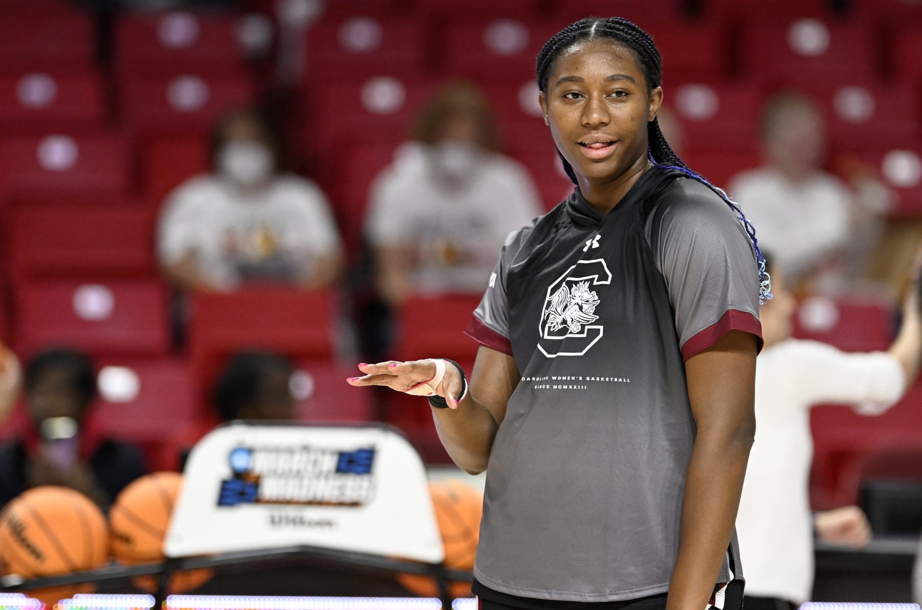 COLLEGE PARK, MARYLAND - NOVEMBER 11: Aliyah Boston #4 of the South Carolina Gamecocks warms up before the game against the Maryland Terrapins at Xfinity Center on November 11, 2022 in College Park, Maryland. (Photo by G Fiume/Getty Images)