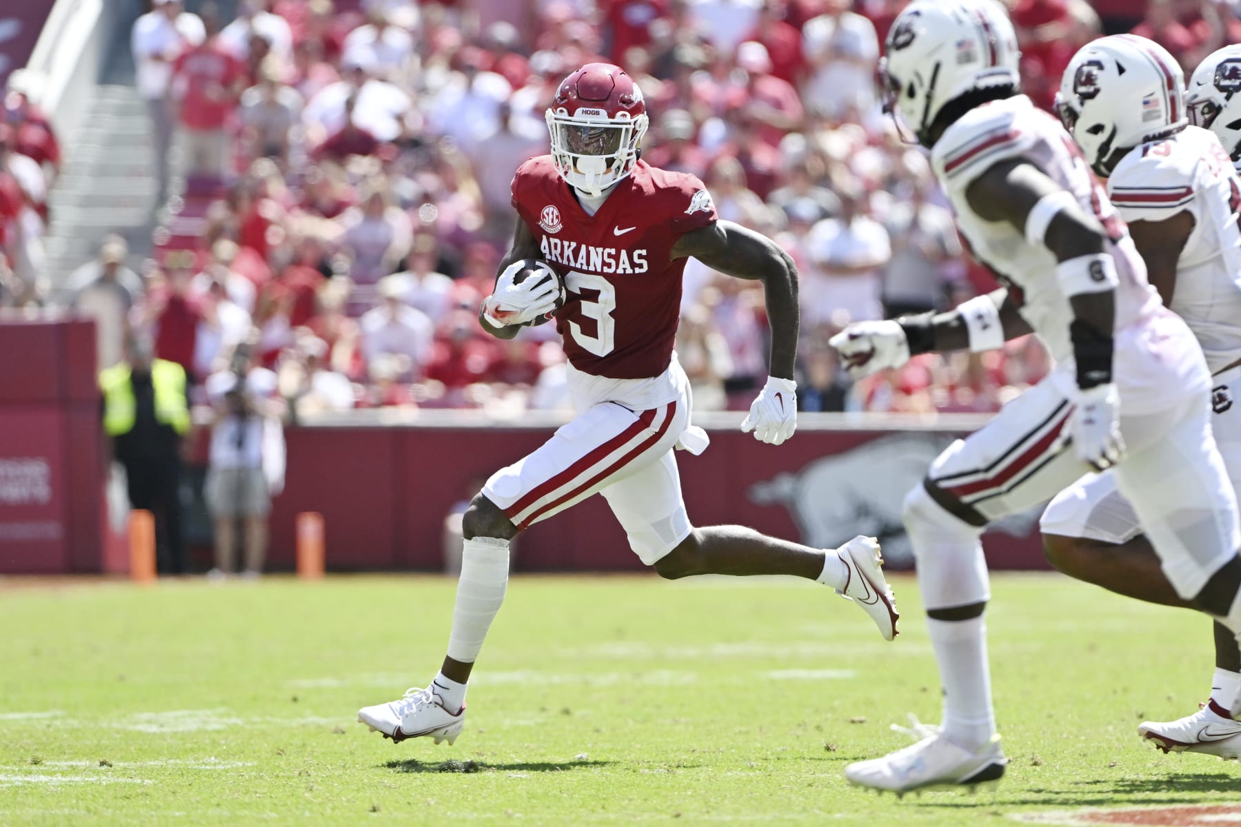 Arkansas wide receiver Matt Landers (3) runs the ball against South Carolina during an NCAA college football game Saturday, Sept. 10, 2022, in Fayetteville, Ark. (AP Photo/Michael Woods)