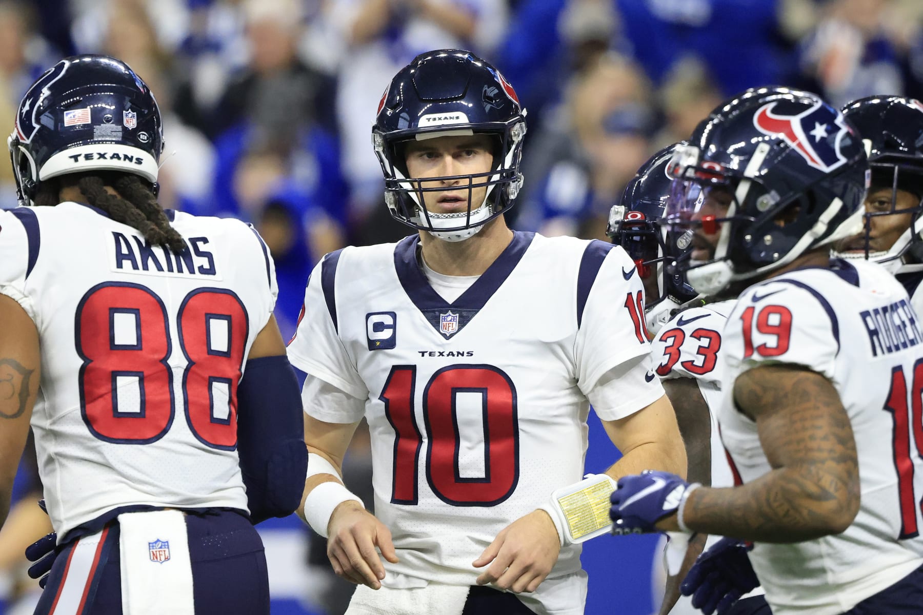 INDIANAPOLIS, INDIANA - JANUARY 08: Davis Mills #10 of the Houston Texans looks on in the game against the Indianapolis Colts at Lucas Oil Stadium on January 08, 2023 in Indianapolis, Indiana. (Photo by Justin Casterline/Getty Images)