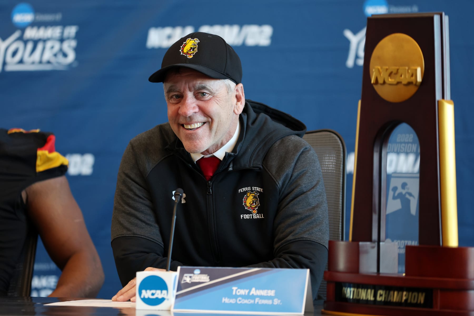 MCKINNEY, TX - DECEMBER 17: Head coach Tony Annese of the Ferris State Bulldogs talks to the media after the game against the Colorado School of Mines Orediggers at the Division II Football Championship held at McKinney ISD Stadium on December 17, 2022 in McKinney, Texas. (Photo by Tim Heitman/NCAA Photos via Getty Images)
