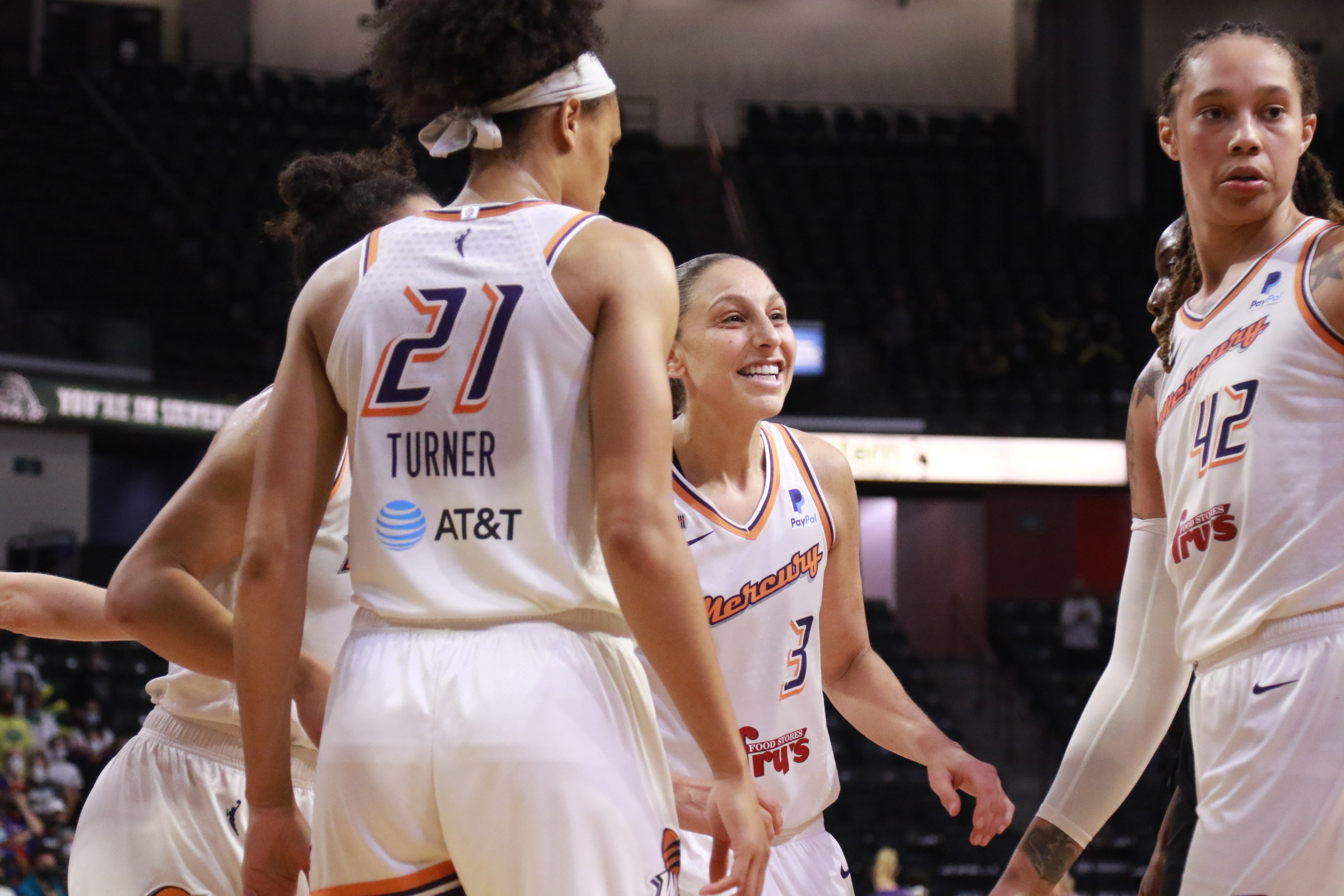 EVERETT, WA - SEPTEMBER 26: Diana Taurasi #3 of the Phoenix Mercury smiles during the 2021 WNBA Playoffs on September 26, 2021 at the Angel of the Winds Arena, in Everett, Washington. NOTE TO USER: User expressly acknowledges and agrees that, by downloading and or using this photograph, User is consenting to the terms and conditions of the Getty Images License Agreement. Mandatory Copyright Notice: Copyright 2019 NBAE (Photo by Joshua Huston/NBAE via Getty Images)