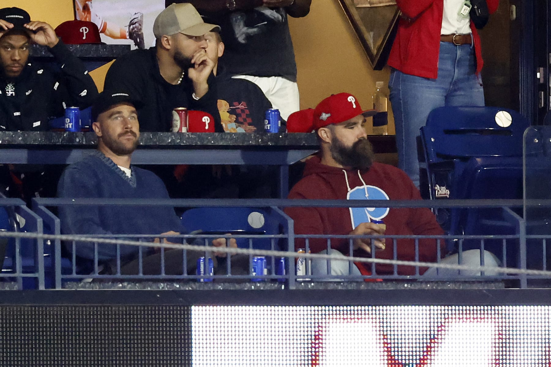 PHILADELPHIA, PENNSYLVANIA - OCTOBER 16: Travis and Jason Kelce attend Game One of the Championship Series between the Arizona Diamondbacks and the Philadelphia Phillies at Citizens Bank Park on October 16, 2023 in Philadelphia, Pennsylvania. (Photo by Sarah Stier/Getty Images)