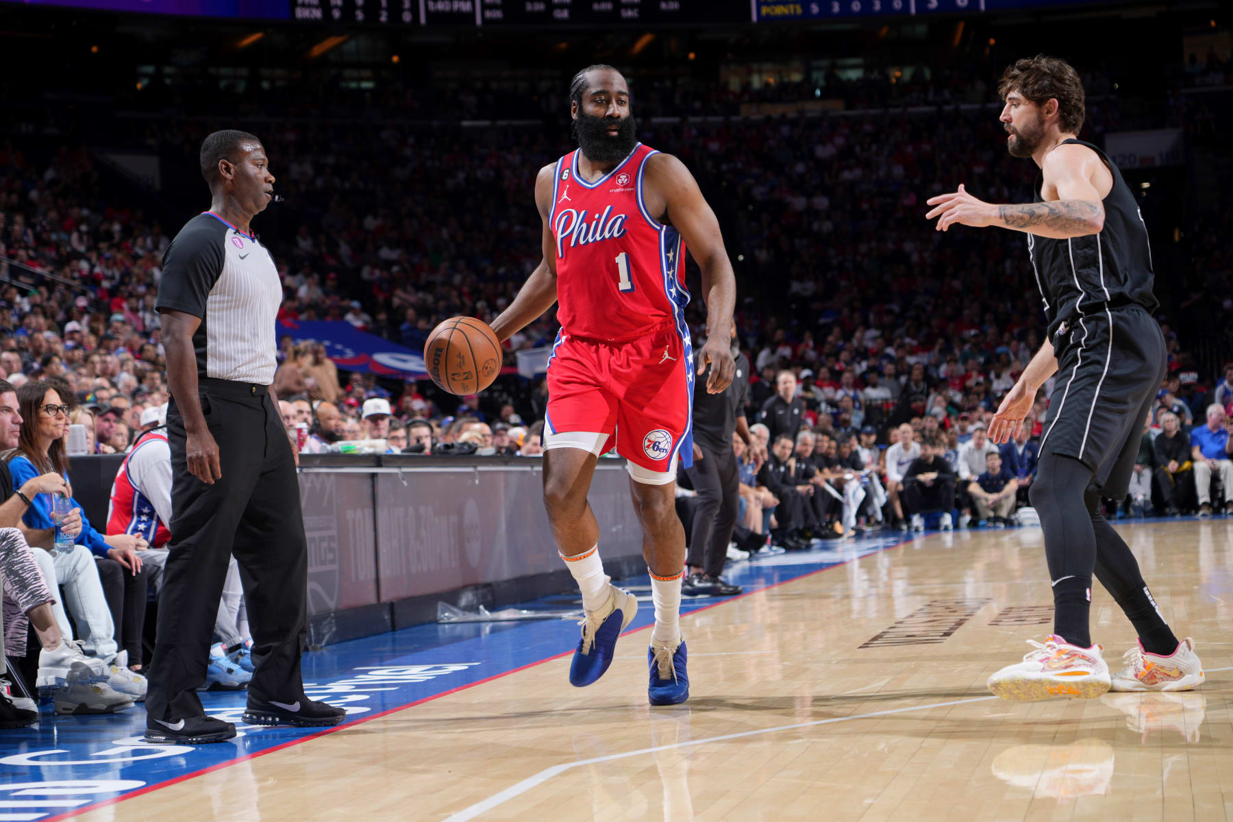 PHILADELPHIA, PA - APRIL 15: James Harden #1 of the Philadelphia 76ers dribbles the ball during the game against the Brooklyn Nets during Round 1 Game 1 of the 2023 NBA Playoffs on April 15, 2023 at the Wells Fargo Center in Philadelphia, Pennsylvania NOTE TO USER: User expressly acknowledges and agrees that, by downloading and/or using this Photograph, user is consenting to the terms and conditions of the Getty Images License Agreement. Mandatory Copyright Notice: Copyright 2023 NBAE (Photo by Jesse D. Garrabrant/NBAE via Getty Images)