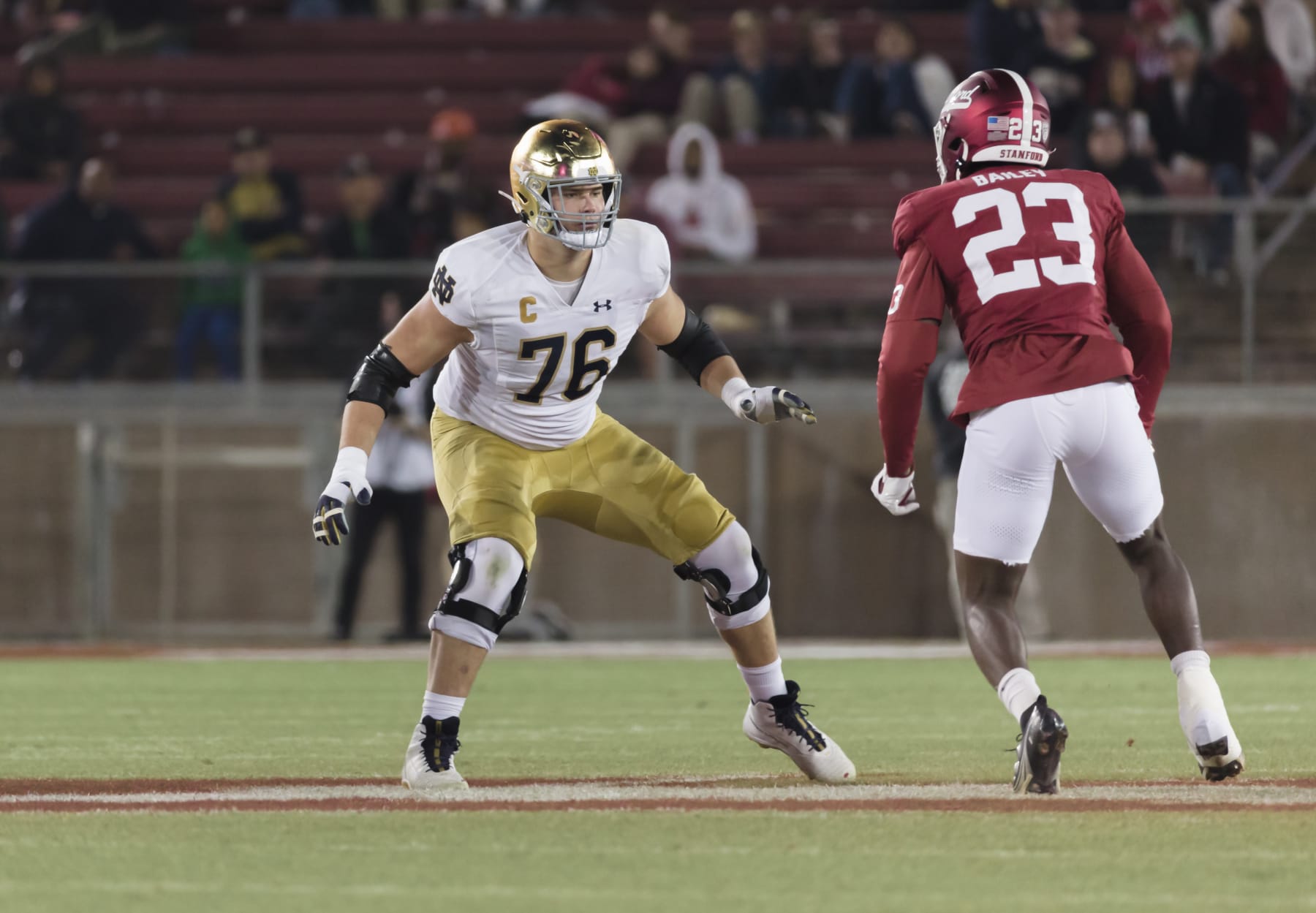 PALO ALTO, CA - NOVEMBER 25:  Joe Alt #76 of the Notre Dame Fighting Irish plays in a  college football game against the Stanford Cardinal on November 25, 2023 at Stanford Stadium in Palo Alto, California.  (Photo by David Madison/Getty Images)