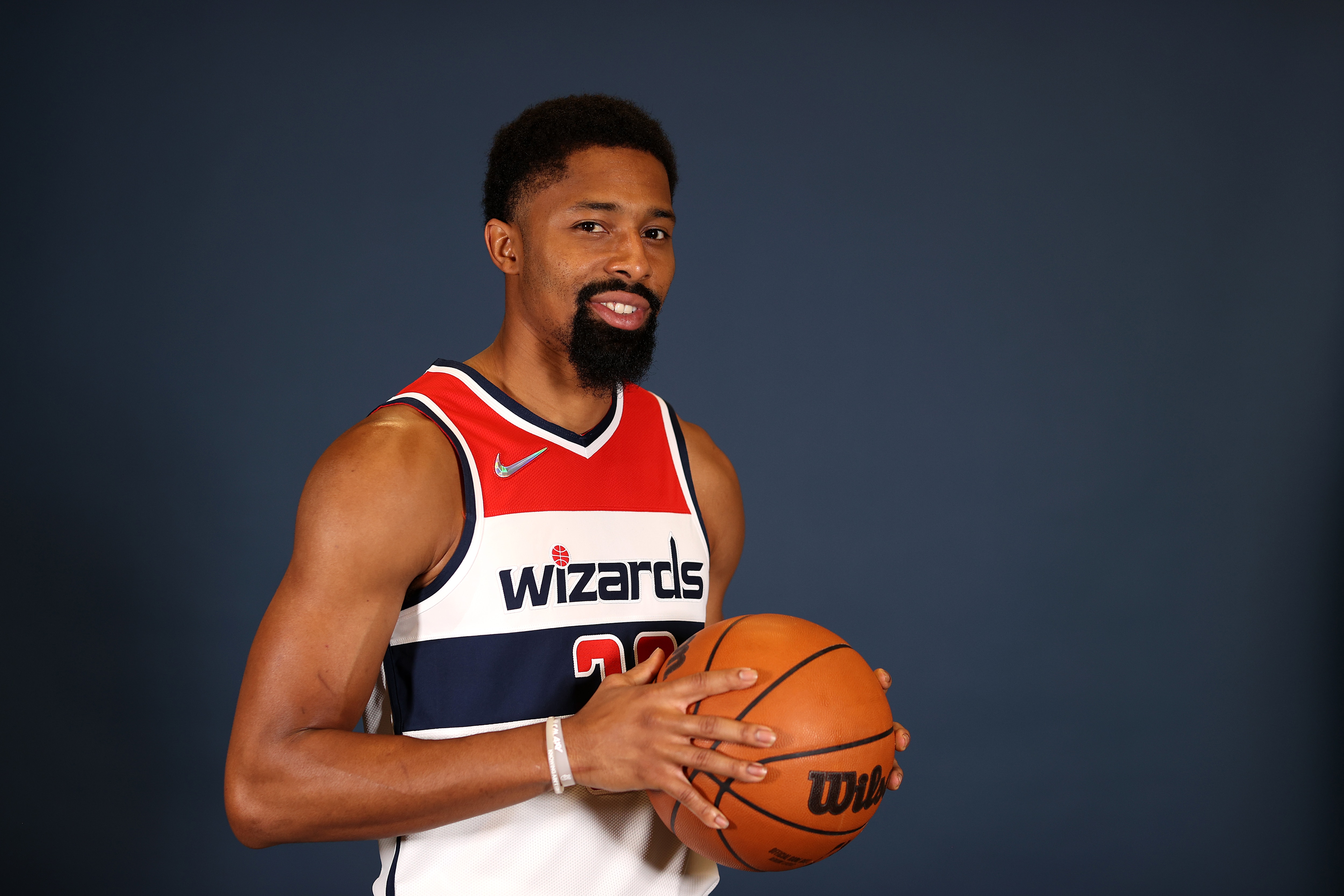 WASHINGTON, DC - SEPTEMBER 27: Spencer Dinwiddie #26 of the Washington Wizards poses during media day at Entertainment & Sports Arena on September 27, 2021 in Washington, DC.  NOTE TO USER: User expressly acknowledges and agrees that, by downloading and or using this photograph, User is consenting to the terms and conditions of the Getty Images License Agreement. (Photo by Rob Carr/Getty Images)
