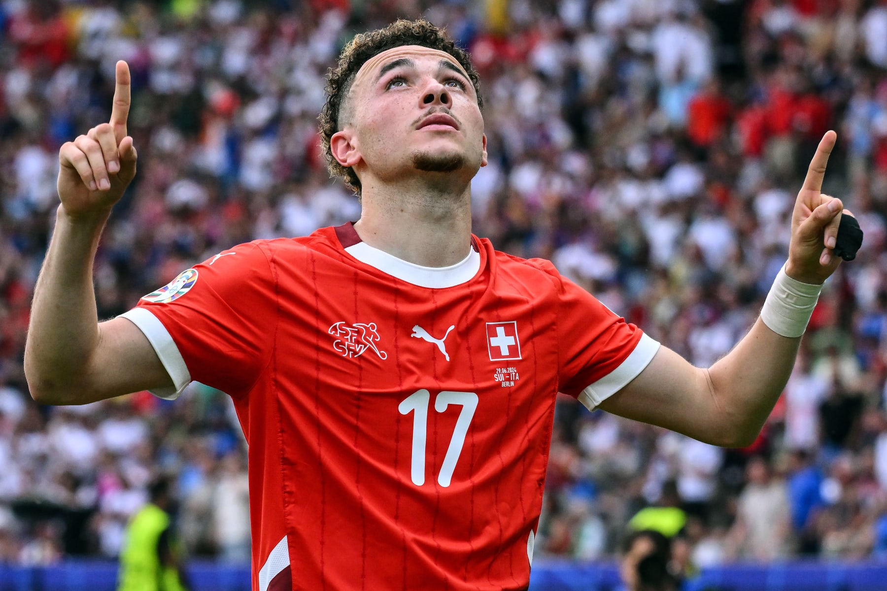 BERLIN, GERMANY - JUNE 29: Ruben Vargas of Switzerland celebrates his goal during the UEFA EURO 2024 round of 16 match between Switzerland and Italy at Olympiastadion on June 29, 2024 in Berlin, Germany. (Photo by Image Photo Agency/Getty Images)