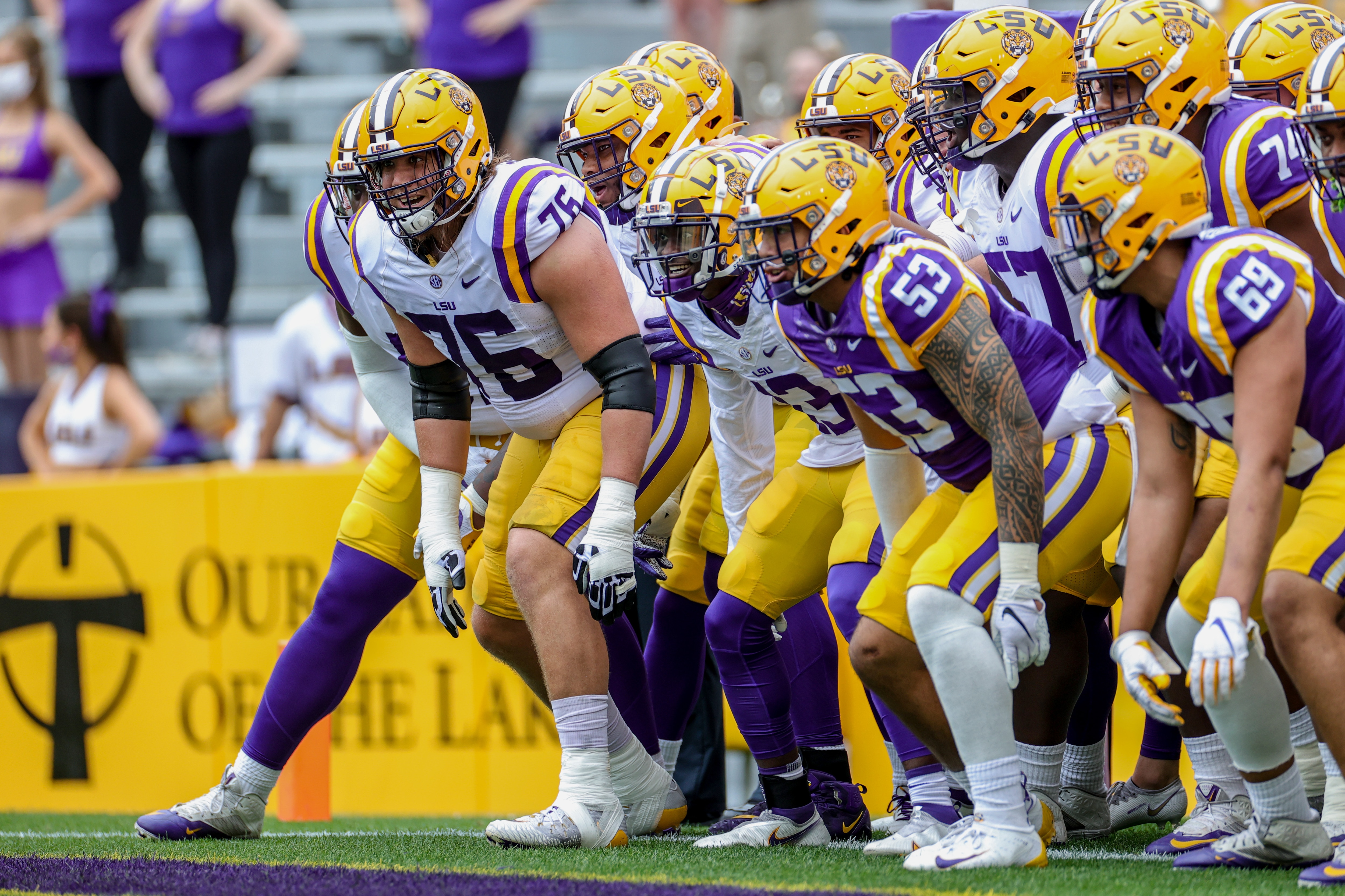 BATON ROUGE, LOUISIANA - APRIL 17: LSU Tigers take the field for  the spring game at Tiger Stadium on April 17, 2021 in Baton Rouge, Louisiana. (Photo by Carmen Mandato/Getty Images)