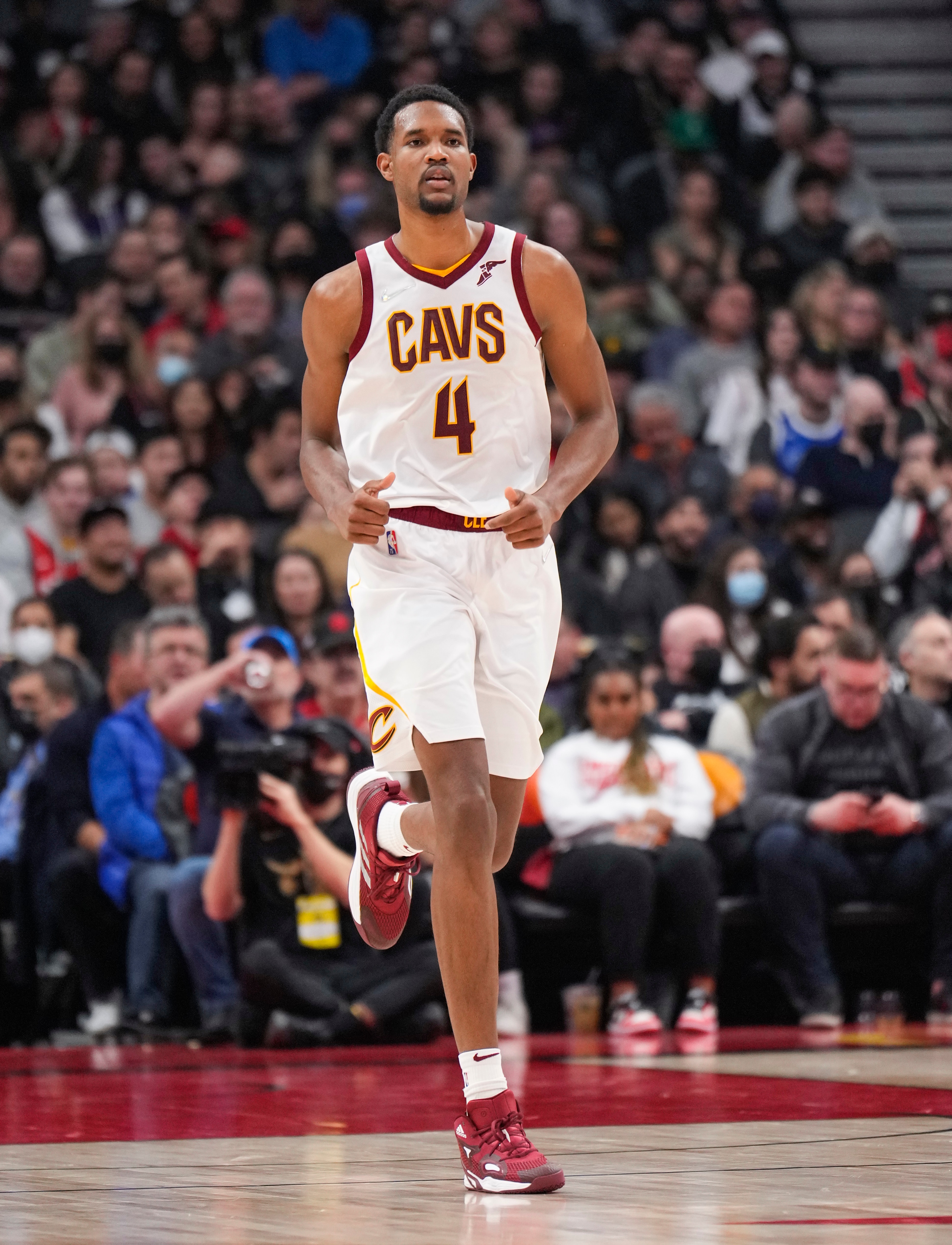 TORONTO, ON - MARCH 24: Evan Mobley #4 of the Cleveland Cavaliers runs up court against the Toronto Raptors during the first half of their basketball game at the Scotiabank Arena on March 24, 2022 in Toronto, Ontario, Canada. NOTE TO USER: User expressly acknowledges and agrees that, by downloading and/or using this Photograph, user is consenting to the terms and conditions of the Getty Images License Agreement. (Photo by Mark Blinch/Getty Images)