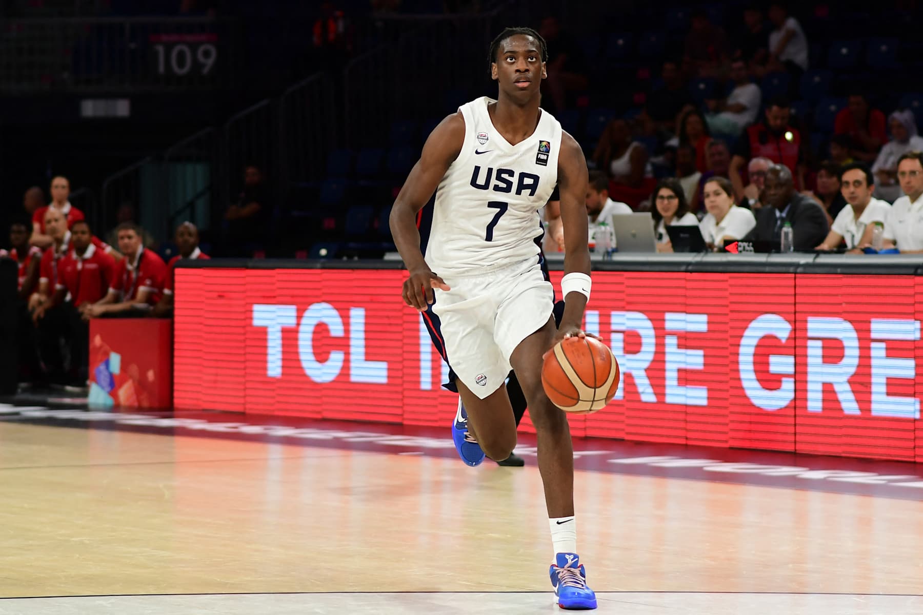 AJ Dybantsa, #7 of the United States of America (USA) in action during the FIBA U17 Basketball World Cup - Turkiye 2024 Quarter-final match between the United States of America (USA) and Canada at Sinan Erdem Dome in Istanbul, Turkey on July 5, 2024. (Photo by Altan Gocher / Hans Lucas / Hans Lucas via AFP) (Photo by ALTAN GOCHER/Hans Lucas/AFP via Getty Images)