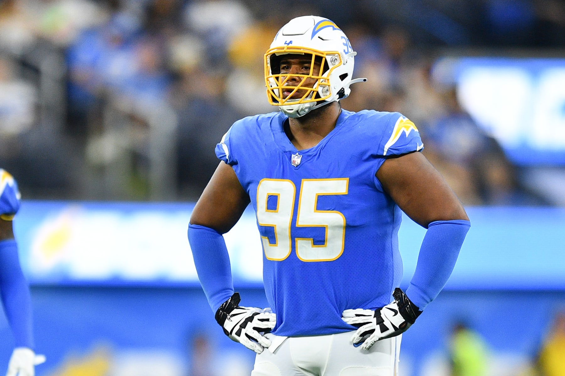 INGLEWOOD, CA - AUGUST 20: Los Angeles Chargers defensive lineman Christian Covington (95) looks on during the NFL preseason game between the Dallas Cowboys and the Los Angeles Chargers on August 20, 2022, at SoFi Stadium in Inglewood, CA. (Photo by Brian Rothmuller/Icon Sportswire via Getty Images)