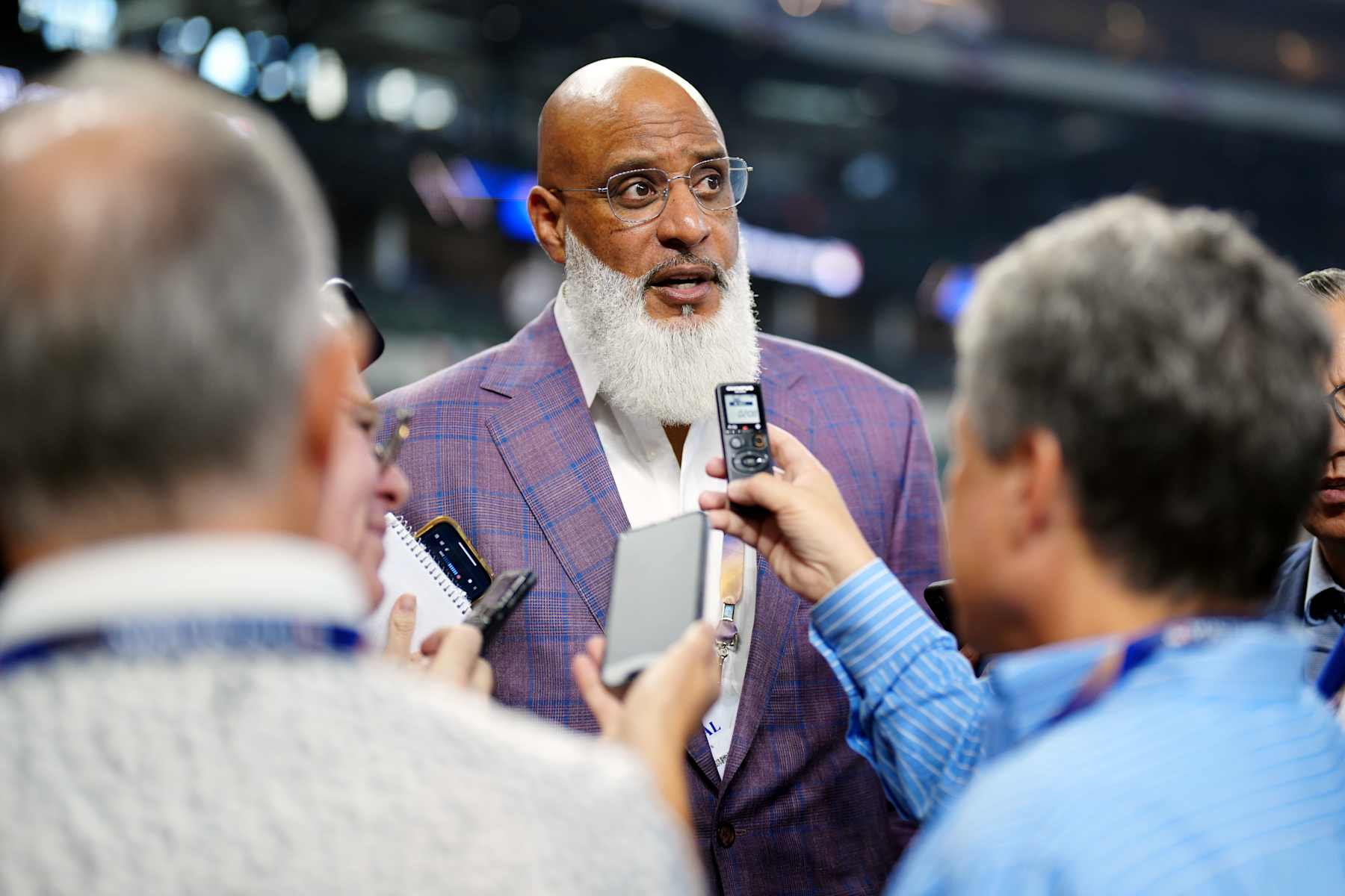 ARLINGTON, TX - OCTOBER 27:  Executive director of the Major League Baseball Players Association Tony Clark talks to the media prior to Game 1 of the 2023 World Series between the Arizona Diamondbacks and the Texas Rangers at Globe Life Field on Friday, October 27, 2023 in Arlington, Texas. (Photo by Daniel Shirey/MLB Photos via Getty Images)