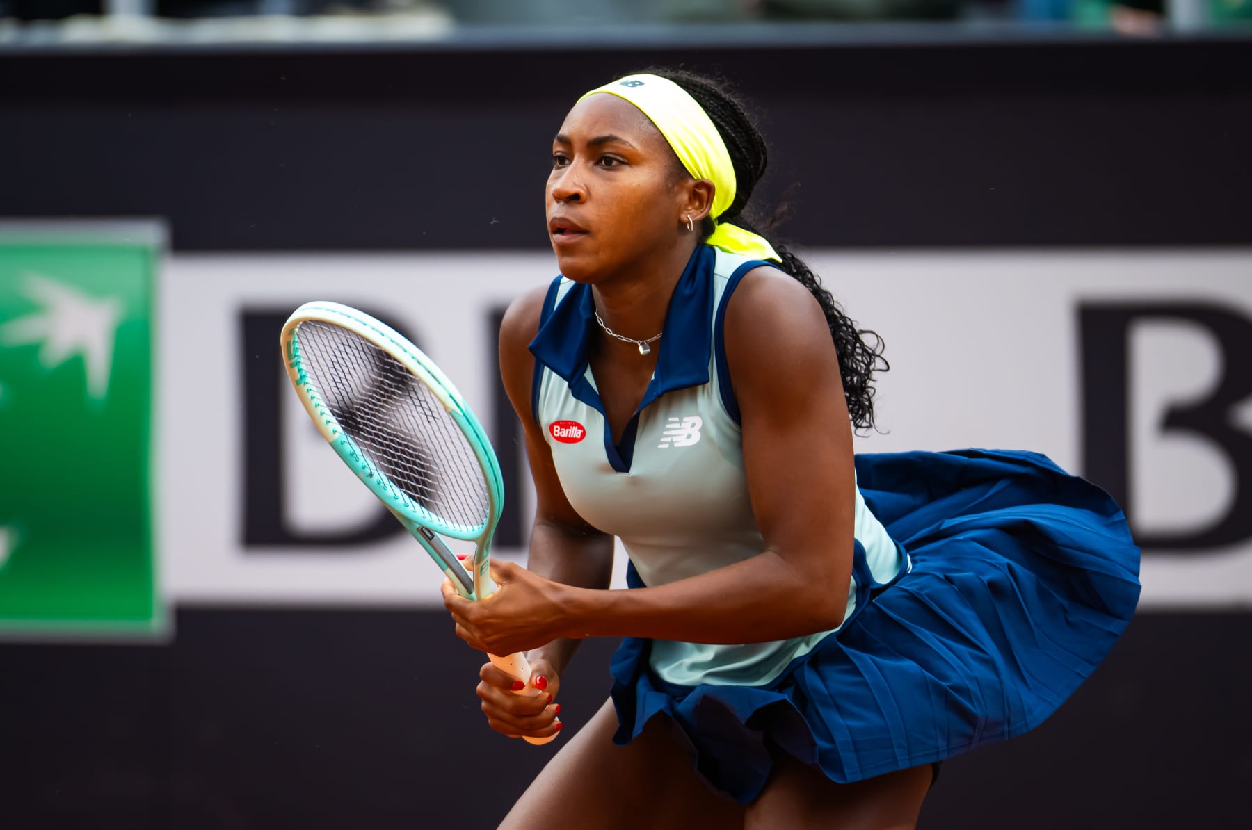 ROME, ITALY - MAY 09: Coco Gauff of the United States in action against Magdalena Frech of Poland in the second round on Day Four of the Internazionali BNL D'Italia at Foro Italico on May 09, 2024 in Rome, Italy (Photo by Robert Prange/Getty Images)