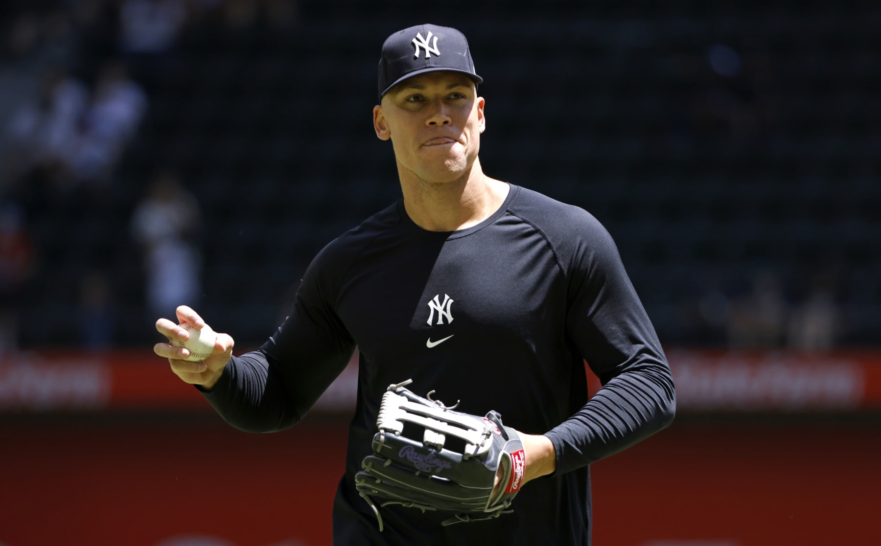 ARLINGTON, TX - APRIL 30:  Aaron Judge #99 of the New York Yankees throws before the game against the Texas Rangers at Globe Life Field on April 30, 2023 in Arlington, Texas. (Photo by Ron Jenkins/Getty Images)
