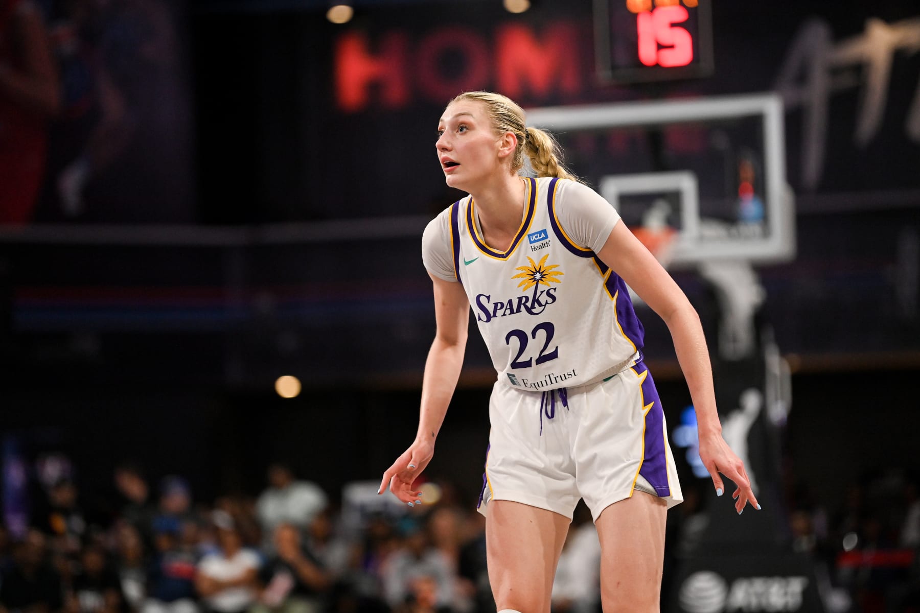COLLEGE PARK, GEORGIA - JUNE 16: Cameron Brink #22 of the Los Angeles Sparks looks on during the game against the Atlanta Dream on June 16, 2024 at Gateway Center Arena at College Park in Atlanta, Georgia. NOTE TO USER: User expressly acknowledges and agrees that, by downloading and or using this photograph, User is consenting to the terms and conditions of the Getty Images License Agreement.  (Photo by Paras Griffin/Getty Images)