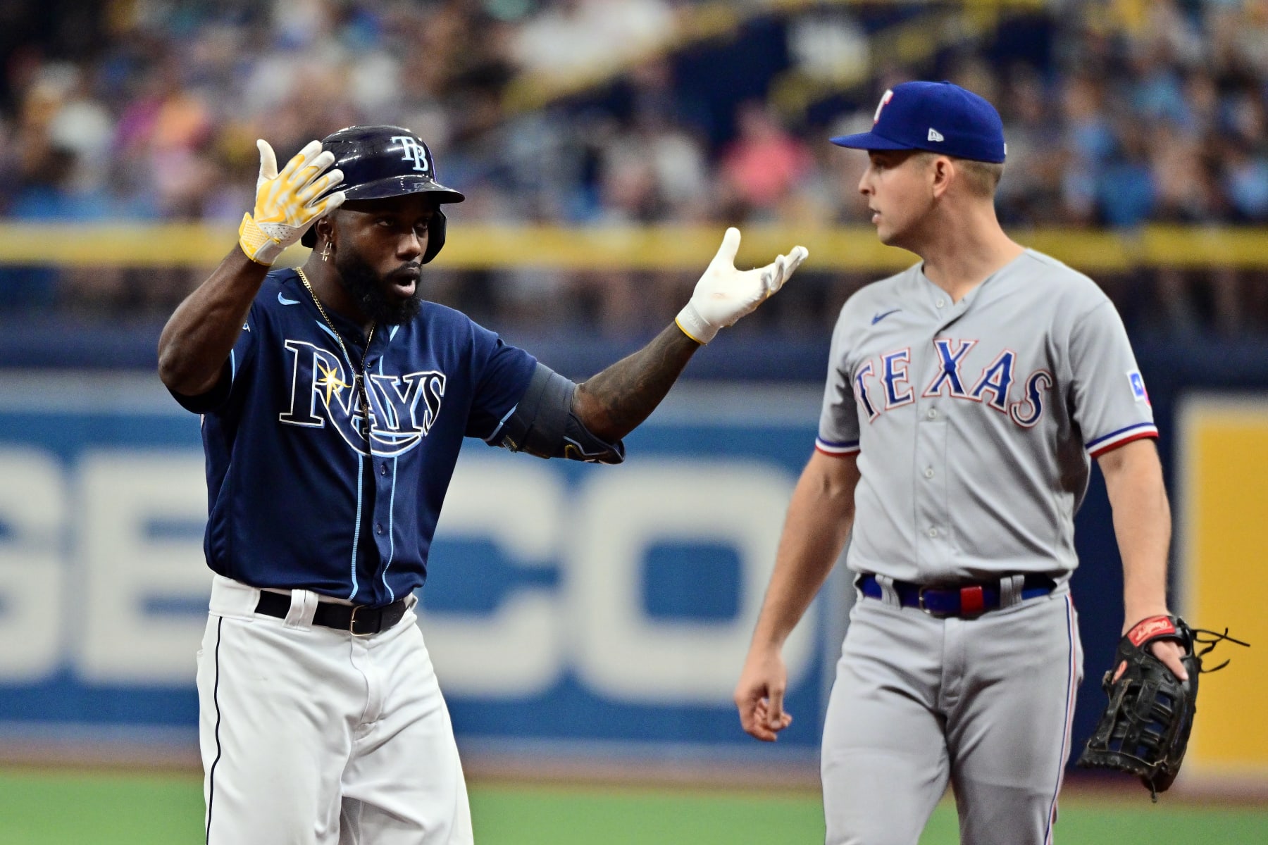 ST PETERSBURG, FLORIDA - OCTOBER 04: Randy Arozarena #56 of the Tampa Bay Rays reacts after hitting a single in the fourth inning against the Texas Rangers during Game Two of the Wild Card Series at Tropicana Field on October 04, 2023 in St Petersburg, Florida. (Photo by Julio Aguilar/Getty Images)