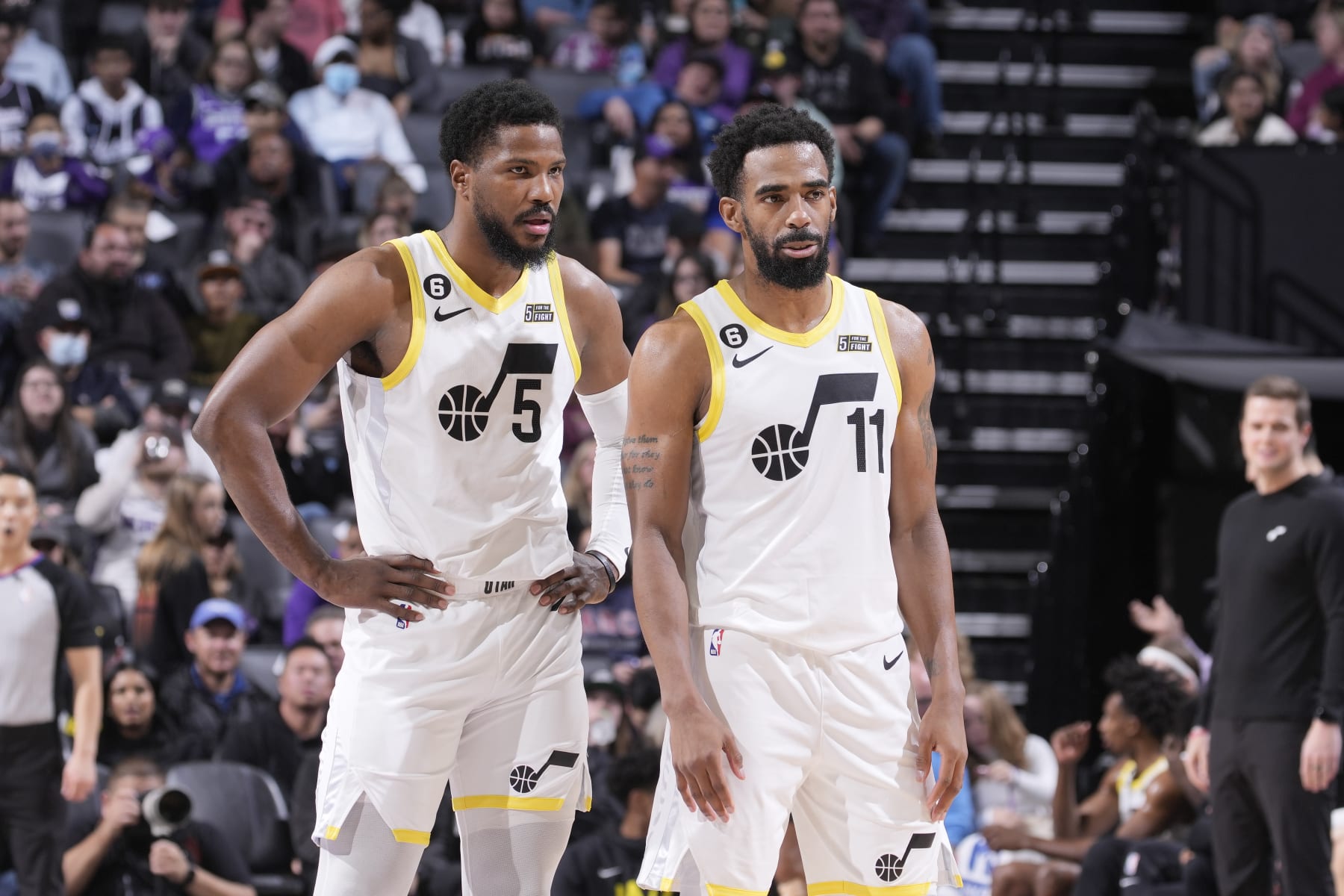 SACRAMENTO, CA - DECEMBER 30: Malik Beasley #5 and Mike Conley #11 of the Utah Jazz talk during the game against the Sacramento Kings on December 30, 2022 at Golden 1 Center in Sacramento, California. NOTE TO USER: User expressly acknowledges and agrees that, by downloading and or using this photograph, User is consenting to the terms and conditions of the Getty Images Agreement. Mandatory Copyright Notice: Copyright 2022 NBAE (Photo by Rocky Widner/NBAE via Getty Images)