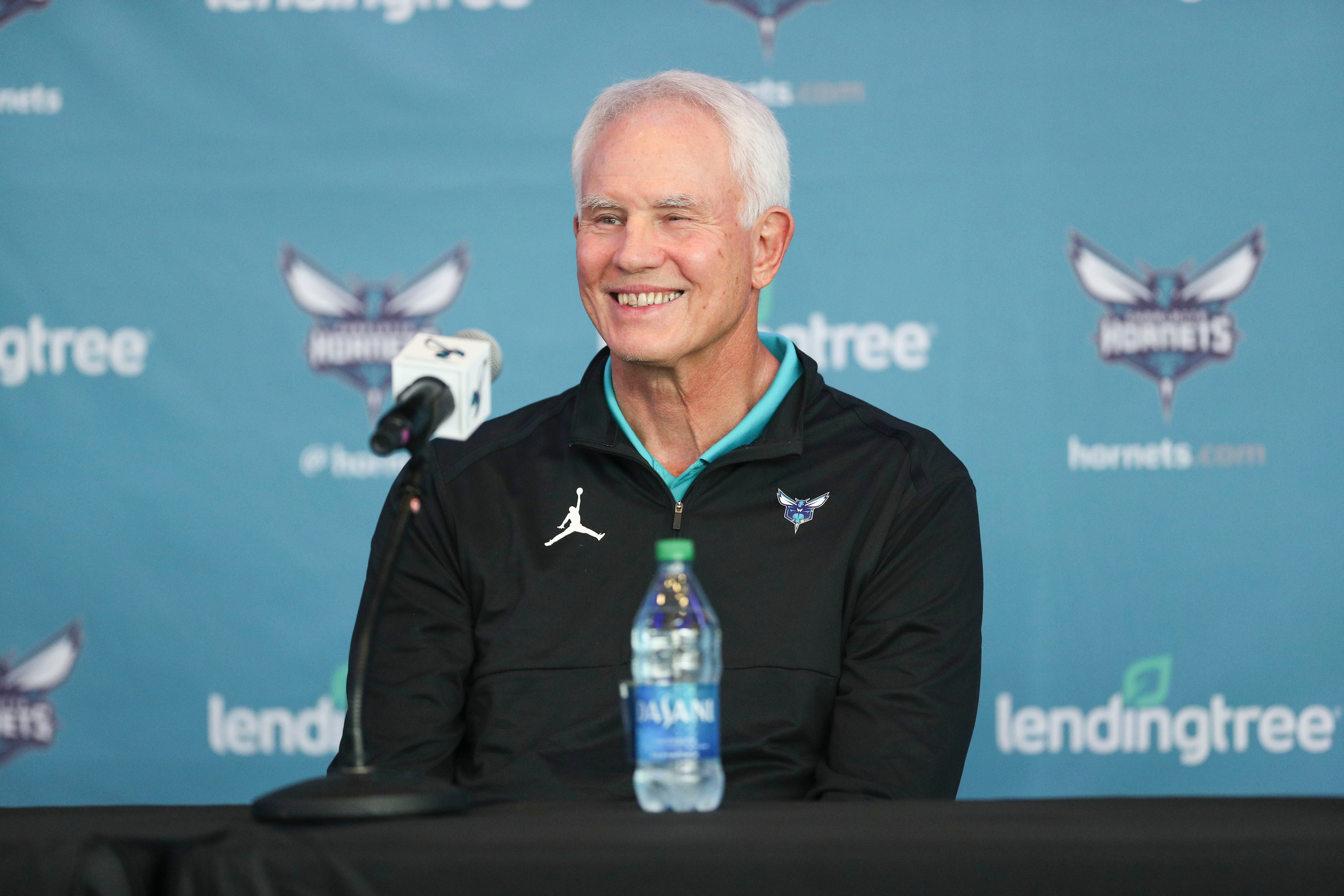 CHARLOTTE, NC - JULY 30: President of Basketball Operations and General Manager Mitch Kupchak of the Charlotte Hornets talks to the media during the press conference on July 30, 2021 at Spectrum Center in Charlotte, North Carolina.  NOTE TO USER: User expressly acknowledges and agrees that, by downloading and or using this photograph, User is consenting to the terms and conditions of the Getty Images License Agreement. Mandatory Copyright Notice: Copyright 2021NBAE  (Photo by Kent Smith/NBAE via Getty Images)
