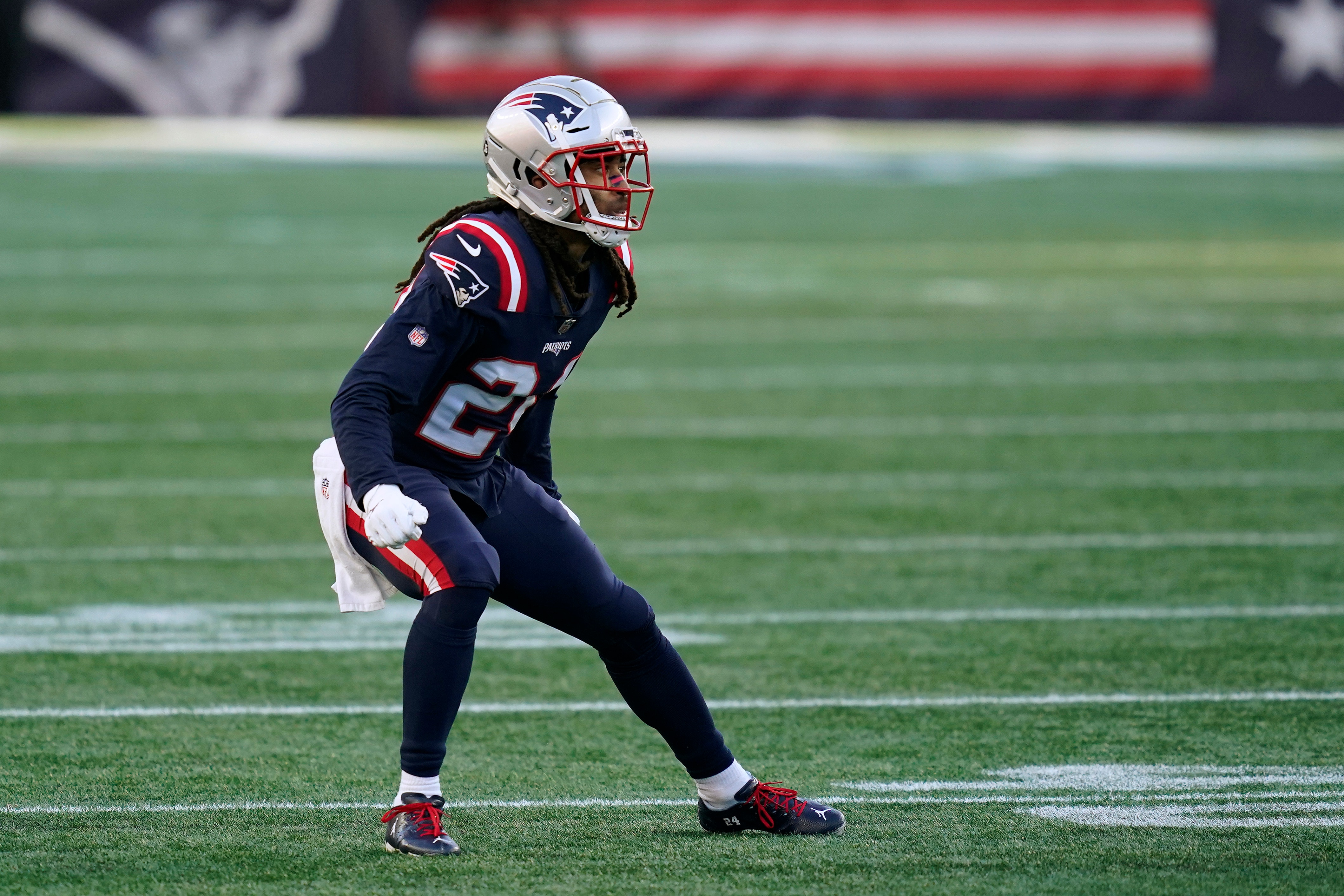 New England Patriots cornerback Stephon Gilmore lines up for a play against the Arizona Cardinals in the second half of an NFL football game, Sunday, Nov. 29, 2020, in Foxborough, Mass. (AP Photo/Elise Amendola)