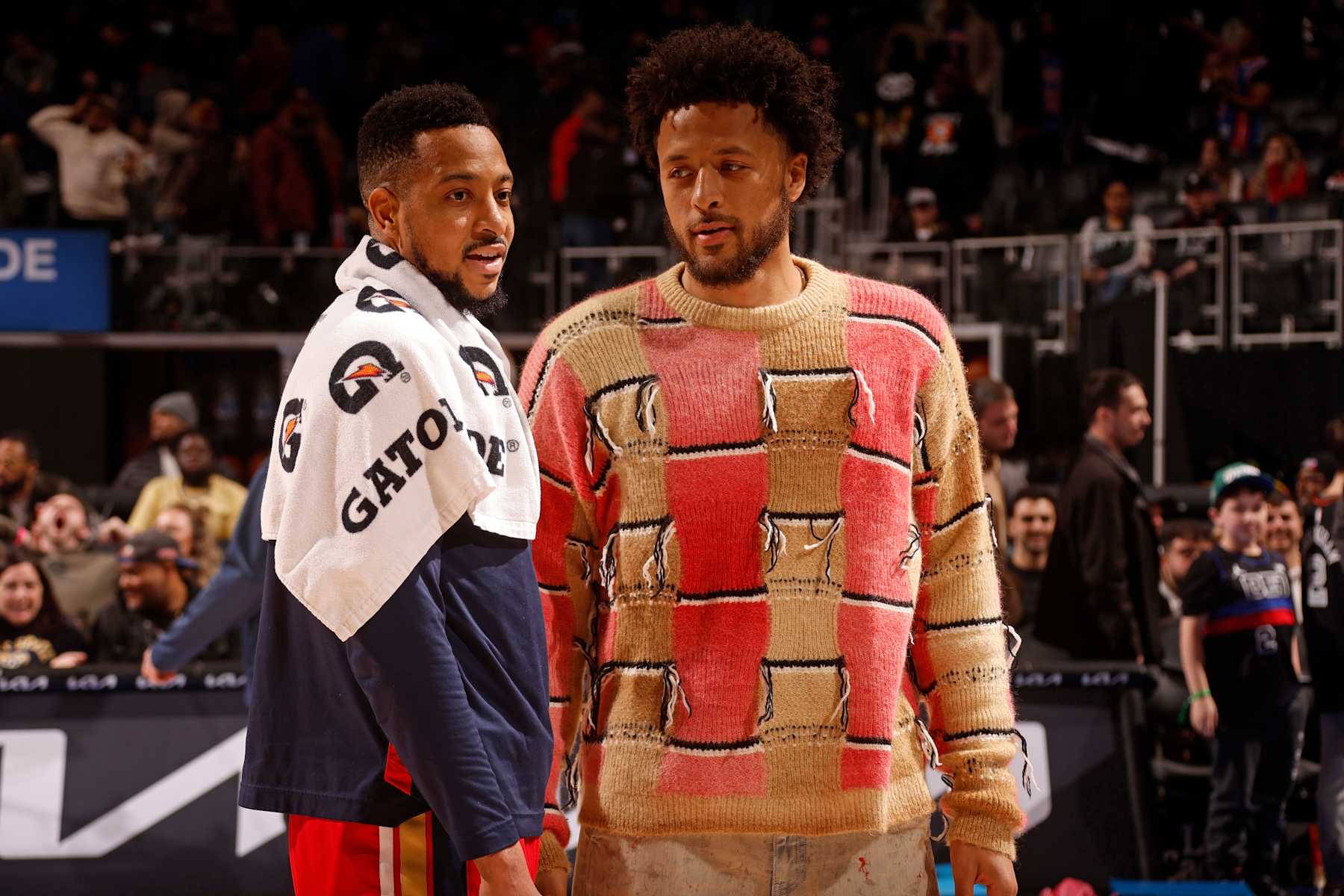 DETROIT, MI - MARCH 24: CJ McCollum #3 of the New Orleans Pelicans and Cade Cunningham #2 of the Detroit Pistons talk after the game on March 24, 2024 at Little Caesars Arena in Detroit, Michigan. NOTE TO USER: User expressly acknowledges and agrees that, by downloading and/or using this photograph, User is consenting to the terms and conditions of the Getty Images License Agreement. Mandatory Copyright Notice: Copyright 2024 NBAE (Photo by Brian Sevald/NBAE via Getty Images)