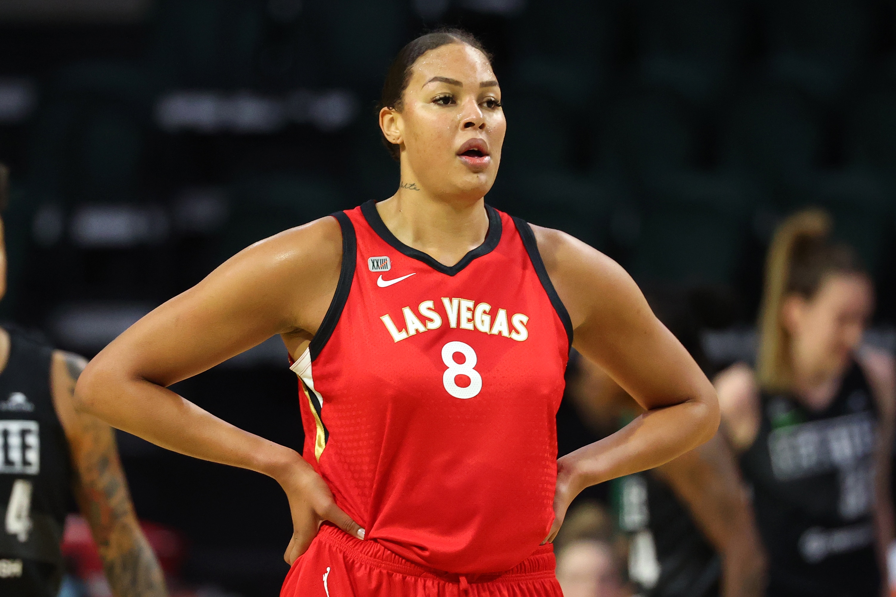 EVERETT, WASHINGTON - MAY 15: Liz Cambage #8 of the Las Vegas Aces looks on during the first quarter against the Seattle Storm at Angel of the Winds Arena on May 15, 2021 in Everett, Washington. NOTE TO USER: User expressly acknowledges and agrees that, by downloading and or using this Photograph, user is consenting to the terms and conditions of the Getty Images License Agreement. (Photo by Abbie Parr/Getty Images)