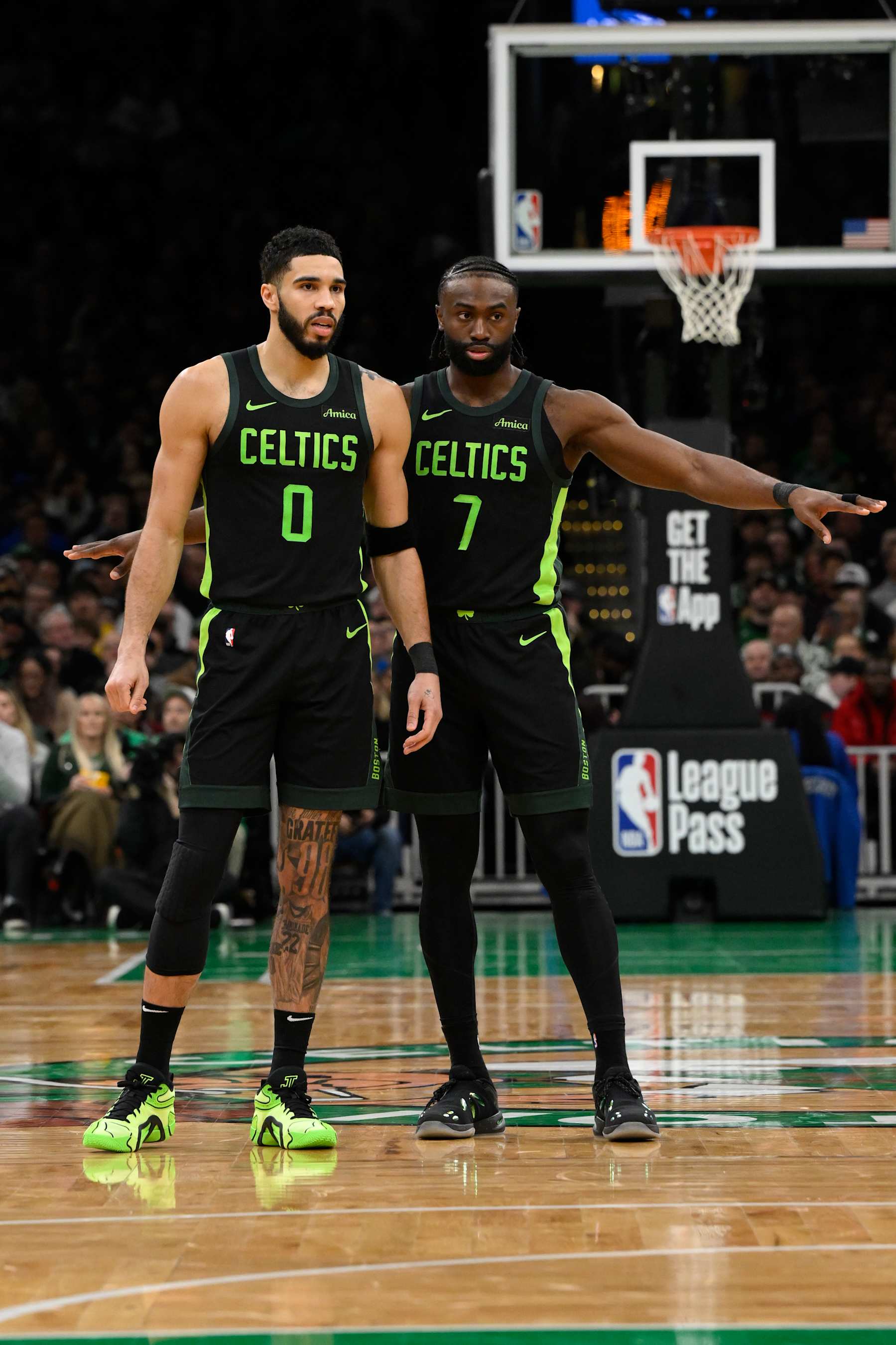 BOSTON, MA - FEBRUARY 6:  Jayson Tatum #0 and Jaylen Brown #7 of the Boston Celtics look on during the game against the Dallas Mavericks on February 6, 2025 at TD Garden in Boston, Massachusetts. NOTE TO USER: User expressly acknowledges and agrees that, by downloading and/or using this Photograph, user is consenting to the terms and conditions of the Getty Images License Agreement. Mandatory Copyright Notice: Copyright 2025 NBAE (Photo by David Dow/NBAE via Getty Images)