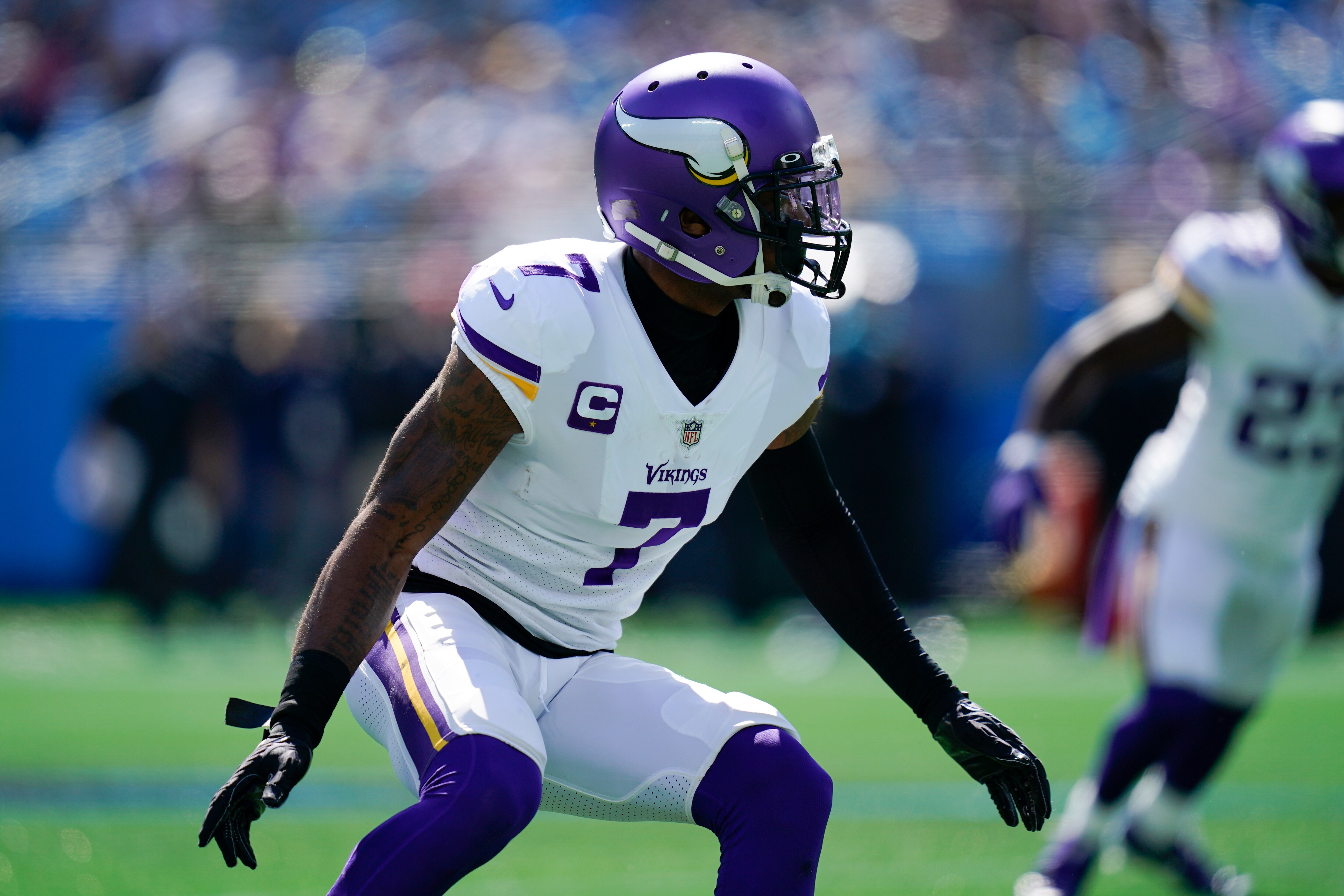 Minnesota Vikings cornerback Patrick Peterson (7) works against the Carolina Panthers during the first half of an NFL football game, Sunday, Oct. 17, 2021, in Charlotte, N.C. (AP Photo/Gerald Herbert)
