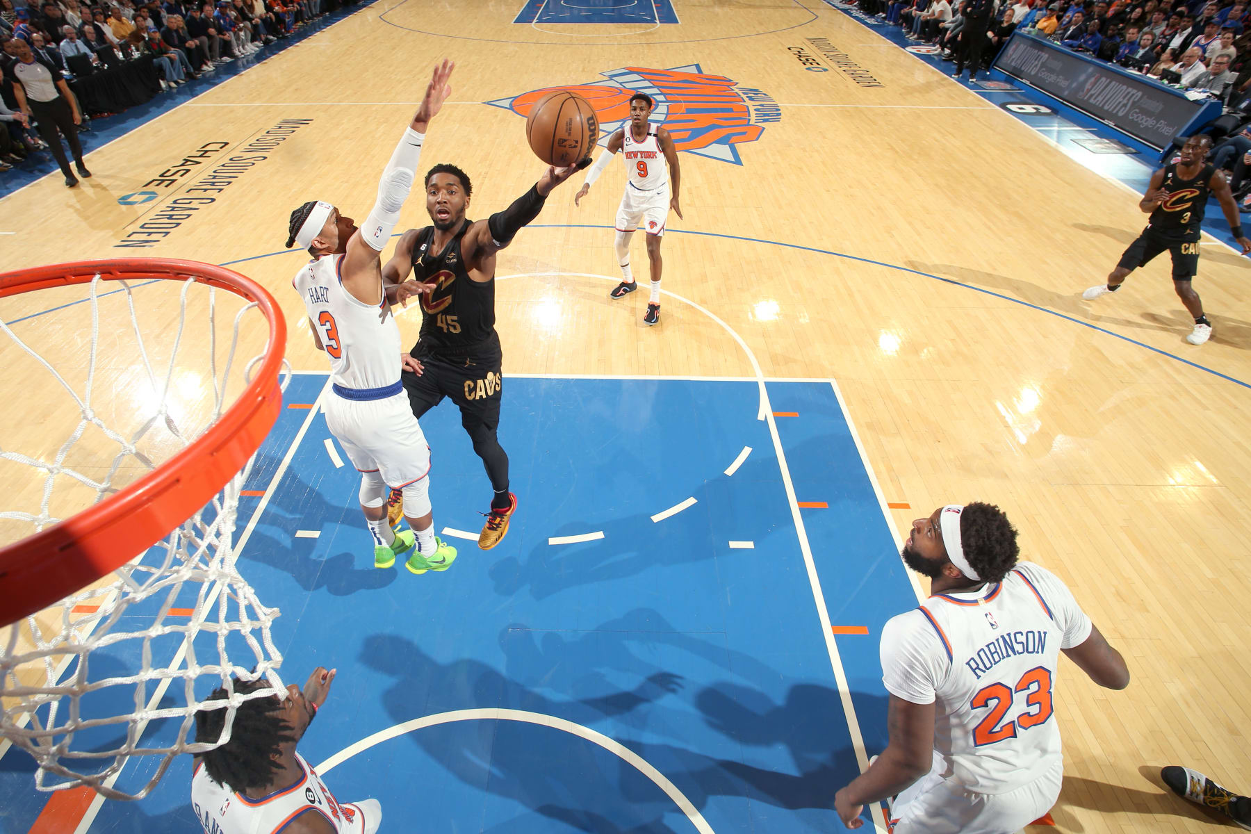 NEW YORK, NY - APRIL 23: Donovan Mitchell #45 of the Cleveland Cavaliers drives to the basket during Round 1 Game 4 of the 2023 NBA Playoffs on April 23, 2023 at Madison Square Garden in New York City, New York.  NOTE TO USER: User expressly acknowledges and agrees that, by downloading and or using this photograph, User is consenting to the terms and conditions of the Getty Images License Agreement. Mandatory Copyright Notice: Copyright 2023 NBAE  (Photo by Nathaniel S. Butler/NBAE via Getty Images)