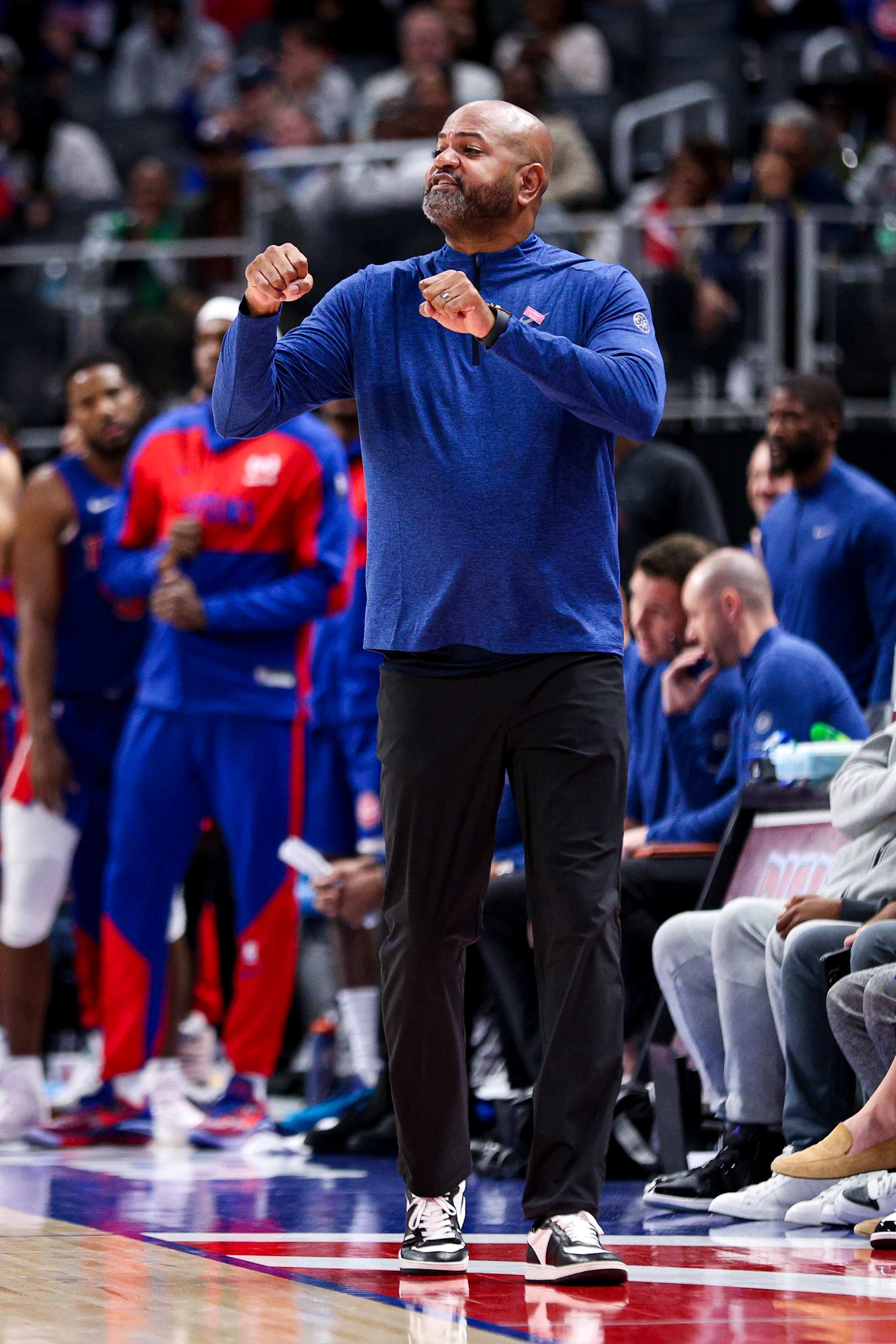 DETROIT, MICHIGAN - OCTOBER 26: Head coach J.B. Bickerstaff of the Detroit Pistons calls out a play during a game against the Boston Celtics at Little Caesars Arena on October 26, 2024 in Detroit, Michigan. NOTE TO USER: User expressly acknowledges and agrees that, by downloading and or using this photograph, User is consenting to the terms and conditions of the Getty Images License Agreement. (Photo by Mike Mulholland/Getty Images)