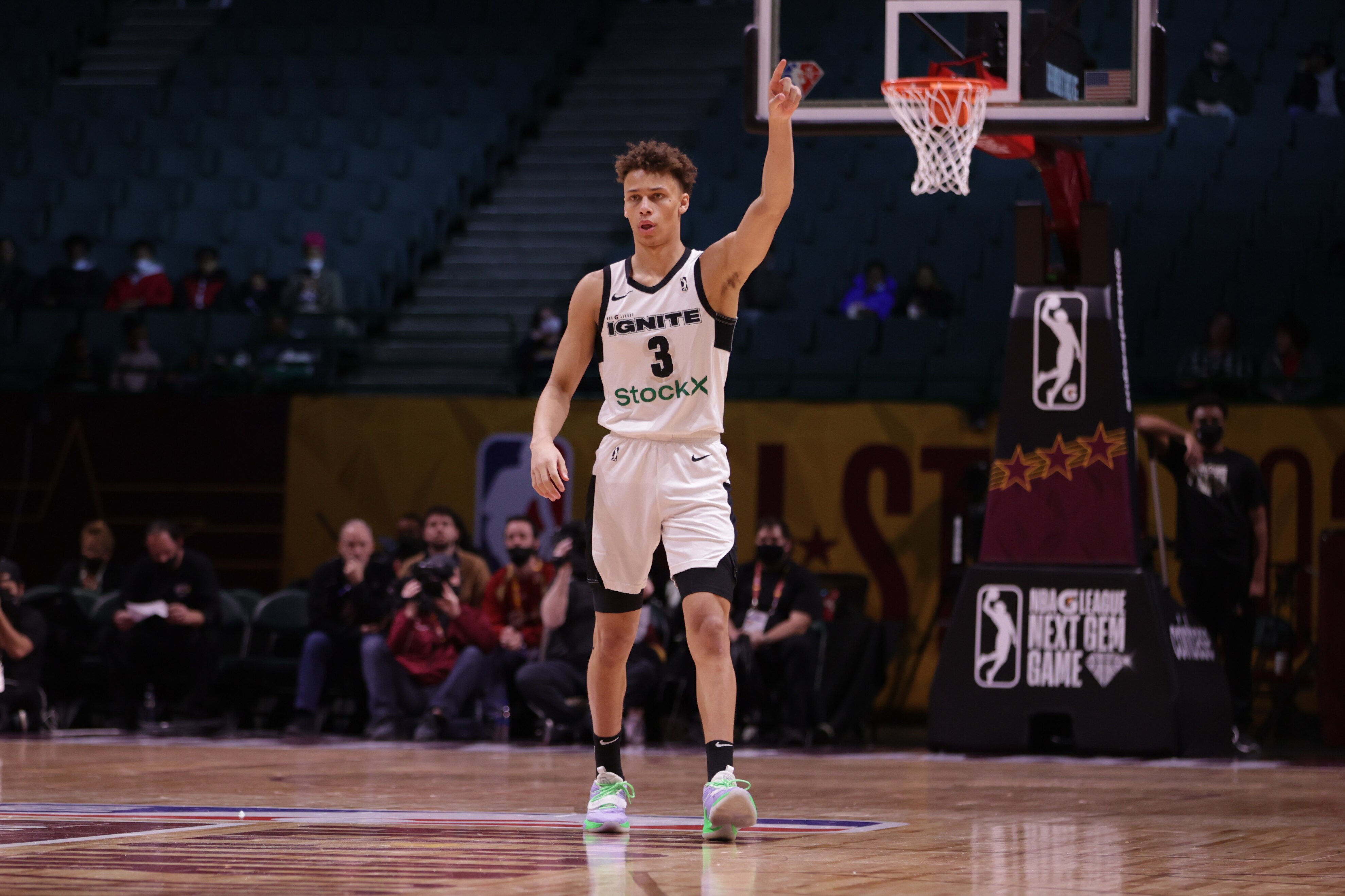 CLEVELAND, OH - FEBRUARY 20: Dyson Daniels #3 of the G League Ignite looks on during the NBA G League Next Gem Game against G League Ignite as part of 2022 NBA All Star Weekend on February 20, 2022 at Wolstein Center in Cleveland, Ohio. NOTE TO USER: User expressly acknowledges and agrees that, by downloading and/or using this Photograph, user is consenting to the terms and conditions of the Getty Images License Agreement. Mandatory Copyright Notice: Copyright 2022 NBAE (Photo by KeShawn Ennis/NBAE via Getty Images)