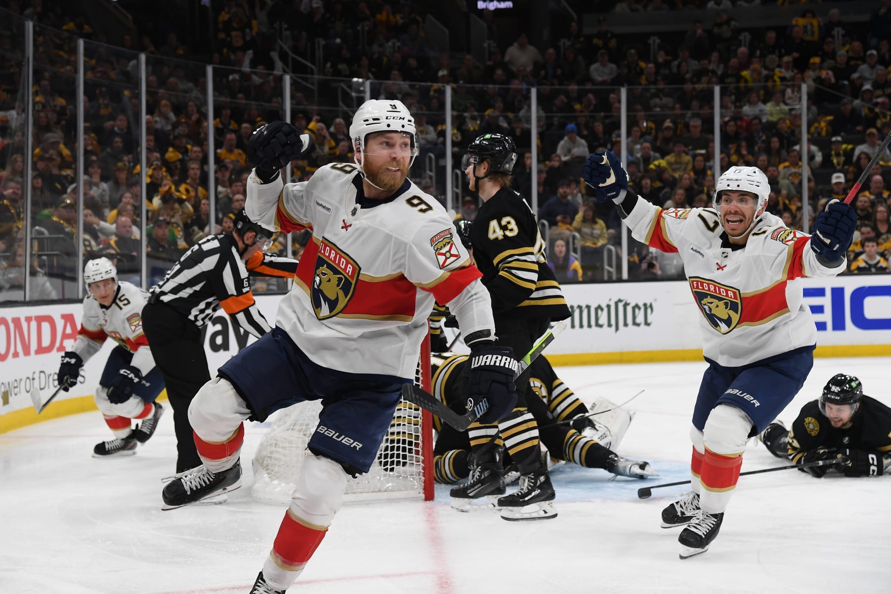 BOSTON, MASSACHUSETTS - MAY 12: Sam Bennett #9 of the Florida Panthers celebrates his third-period goal against the Boston Bruins in Game Four of the Second Round of the 2024 Stanley Cup Playoffs at the TD Garden on May 12, 2024 in Boston, Massachusetts. (Photo by Steve Babineau/NHLI via Getty Images)