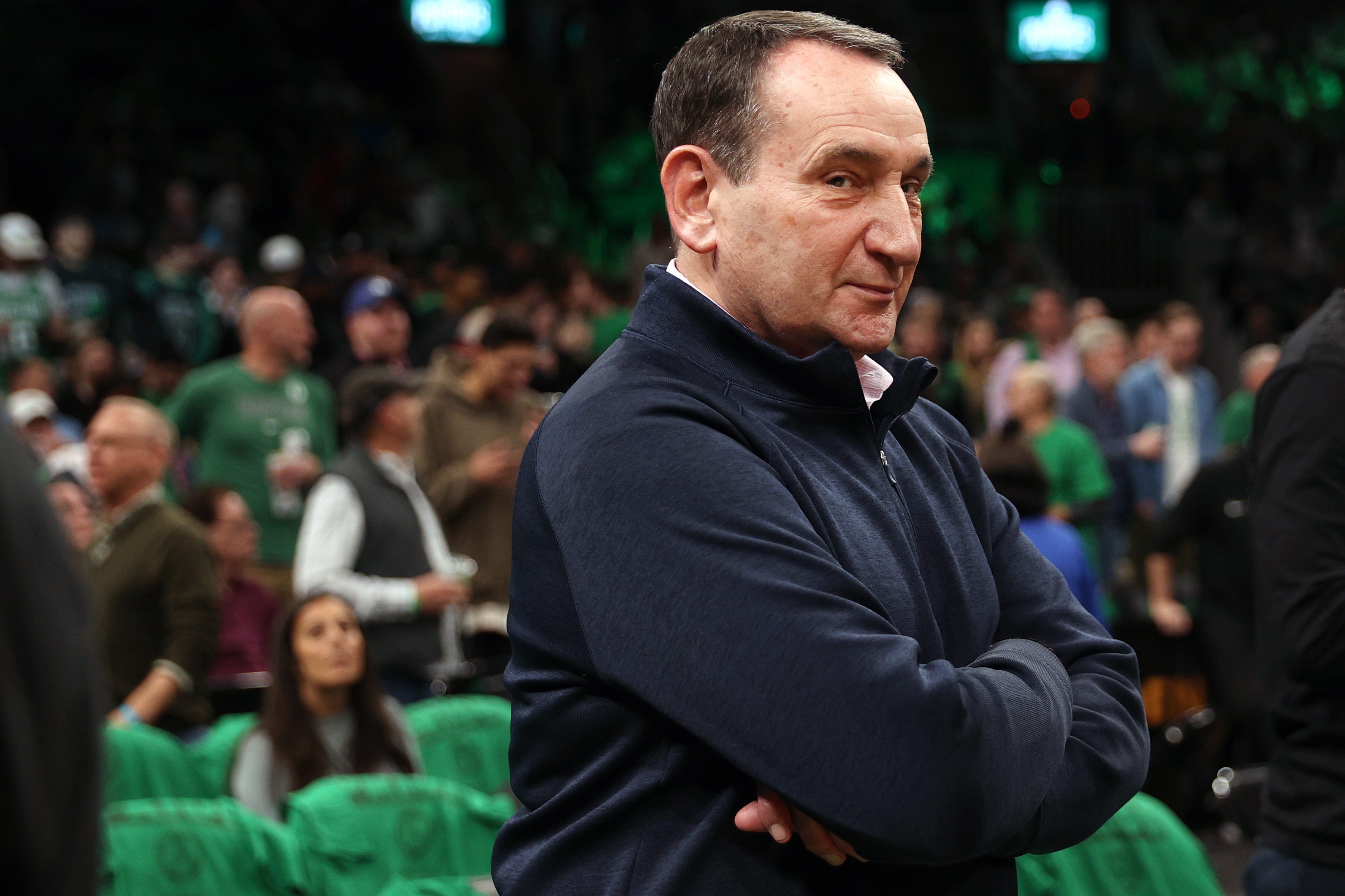 BOSTON, MASSACHUSETTS - APRIL 20: Former Duke Men's Basketball Coach Mike Krzyzewski looks on before Game Two of the Eastern Conference First Round NBA Playoffs at TD Garden on April 20, 2022 in Boston, Massachusetts. (Photo by Maddie Meyer/Getty Images)