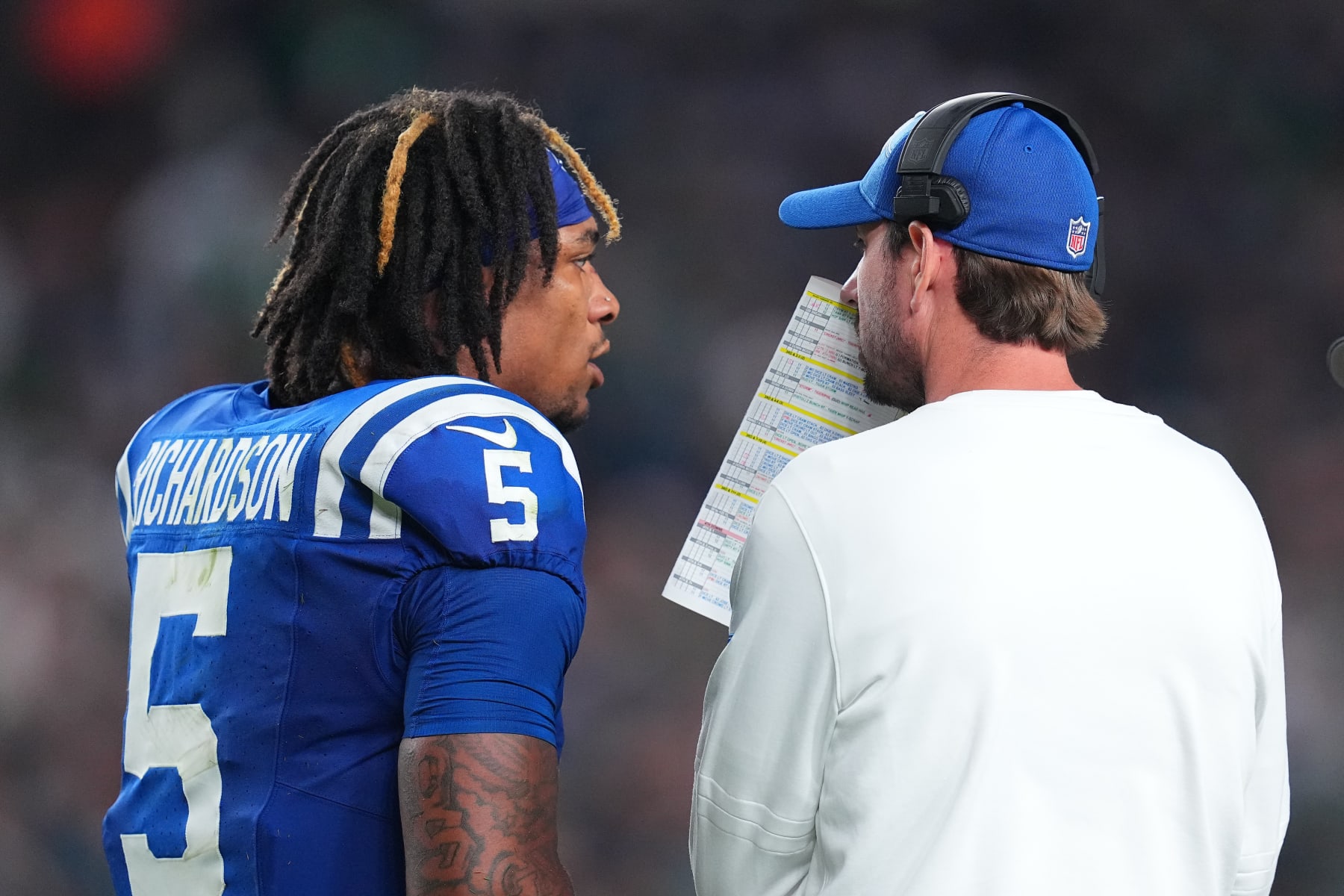 Indianapolis Colts quarterback Anthony Richardson (left) and head coach Shane Steichen (right)