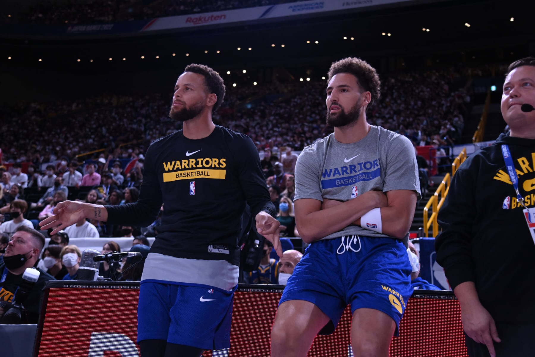 SAITAMA, JAPAN - OCTOBER 1: Stephen Curry and klay Thompson of the Golden State Warriors during the NBA Japan Games 2022 Saturday Night presented by Rakuten and Nissan at Saitama Super Arena on October 1, 2022 in Saitama, Japan. NOTE TO USER: User expressly acknowledges and agrees that, by downloading and/or using this Photograph, user is consenting to the terms and conditions of the Getty Images License Agreement. Mandatory Copyright Notice: Copyright 2022 NBAE (Photo by Noah Graham/NBAE via Getty Images)
