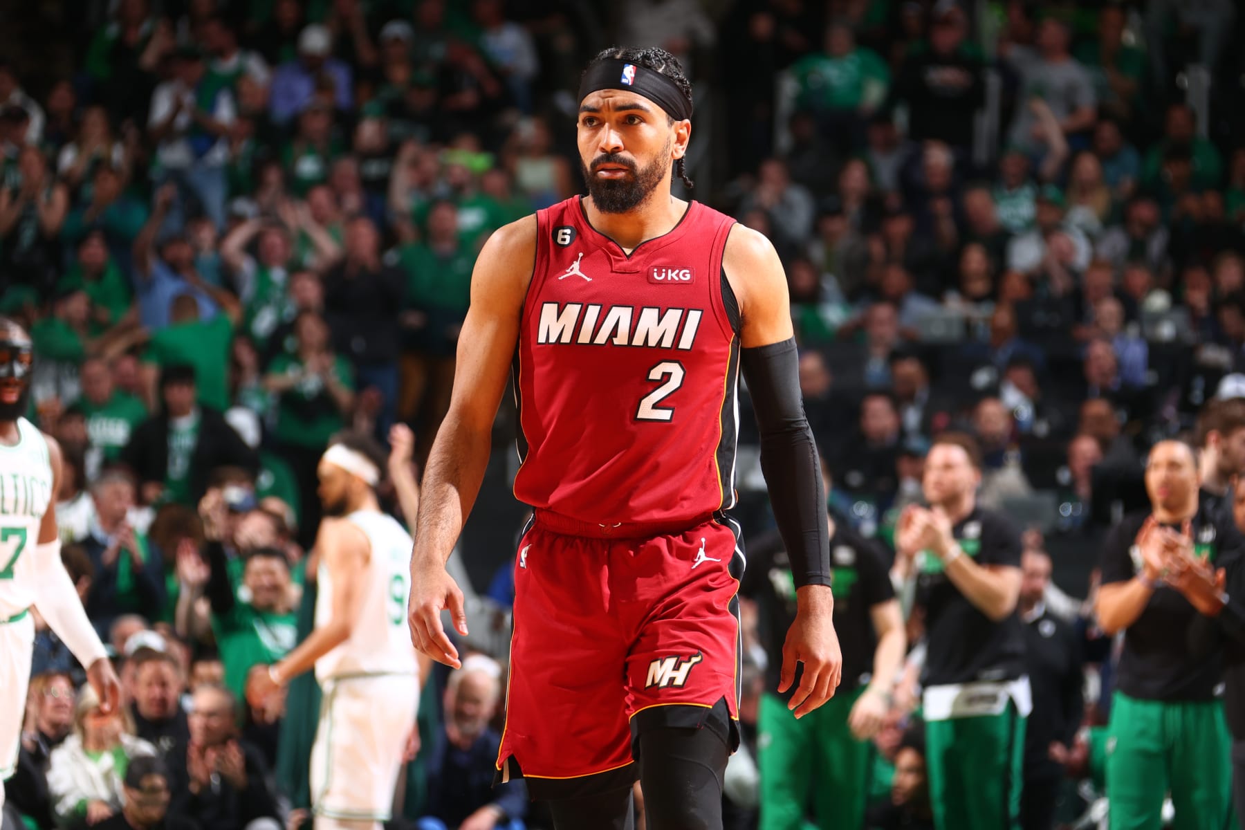 BOSTON, MA - MAY 17: Gabe Vincent #2 of the Miami Heat looks on during Game One of the Eastern Conference Finals against the Boston Celtics on May 17, 2023 at the TD Garden in Boston, Massachusetts. NOTE TO USER: User expressly acknowledges and agrees that, by downloading and or using this photograph, User is consenting to the terms and conditions of the Getty Images License Agreement. Mandatory Copyright Notice: Copyright 2023 NBAE  (Photo by Nathaniel S. Butler/NBAE via Getty Images)