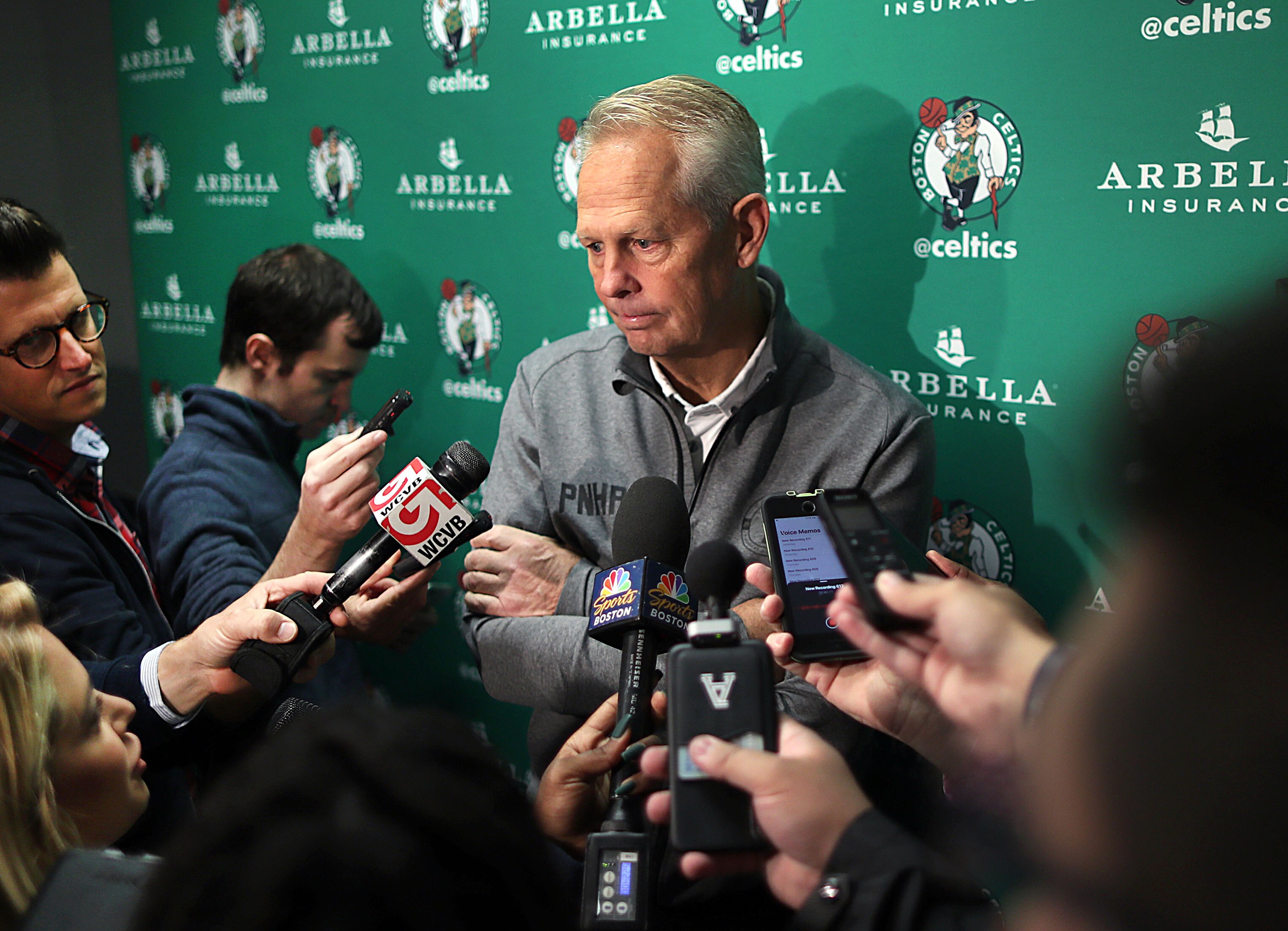 BOSTON - OCTOBER 5: Boston Celtics general manager Danny Ainge listens to a reporter's question during an open practice at TD Garden in Boston on Oct. 5, 2019. (Photo by John Tlumacki/The Boston Globe via Getty Images)