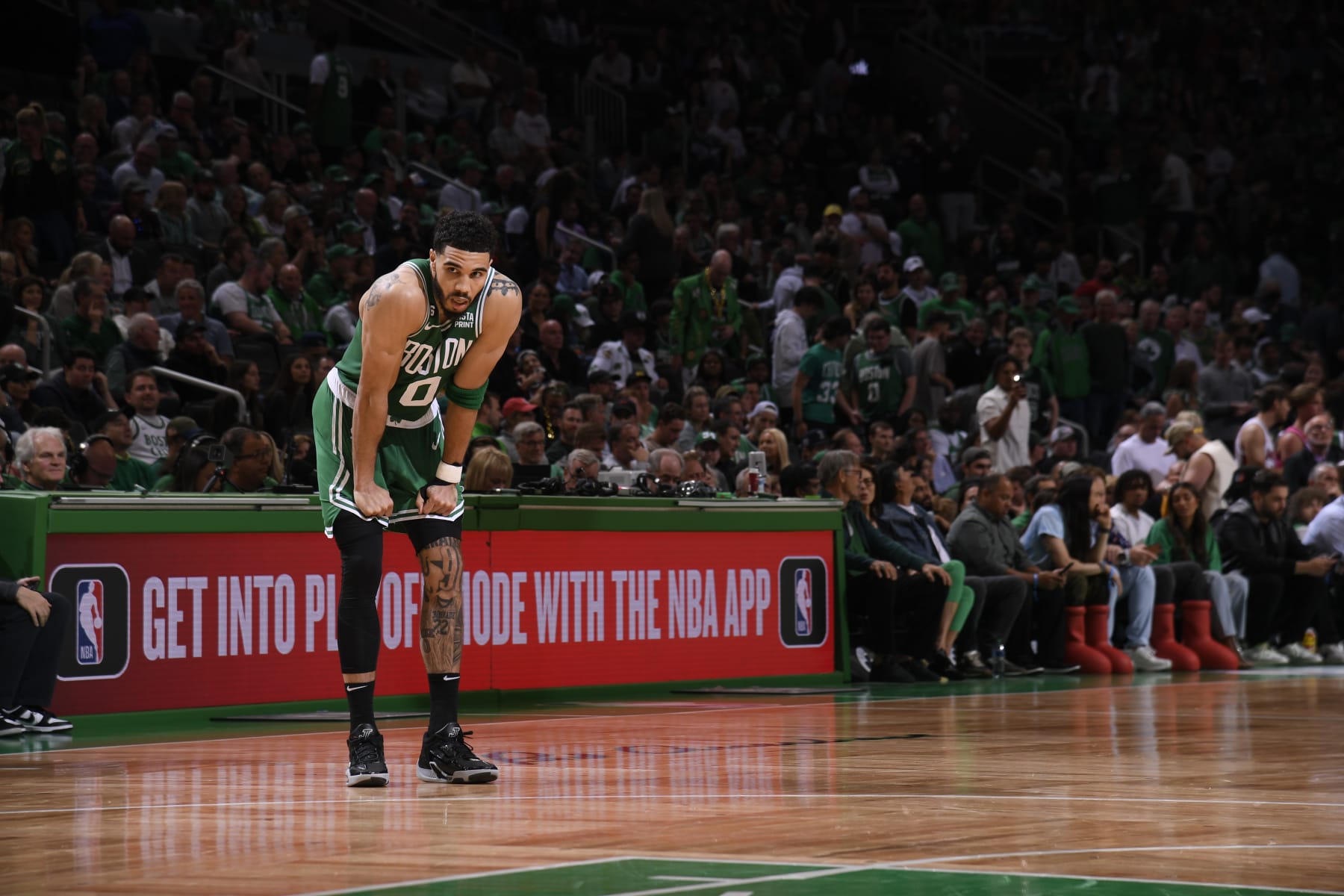 BOSTON, MA - MAY 29: Jayson Tatum #0 of the Boston Celtics looks on during round 3 game 7 of the Eastern Conference finals 2023 NBA Playoffs against the Miami Heat on May 29, 2023 at the TD Garden in Boston, Massachusetts. NOTE TO USER: User expressly acknowledges and agrees that, by downloading and or using this photograph, User is consenting to the terms and conditions of the Getty Images License Agreement. Mandatory Copyright Notice: Copyright 2023 NBAE  (Photo by Brian Babineau/NBAE via Getty Images)