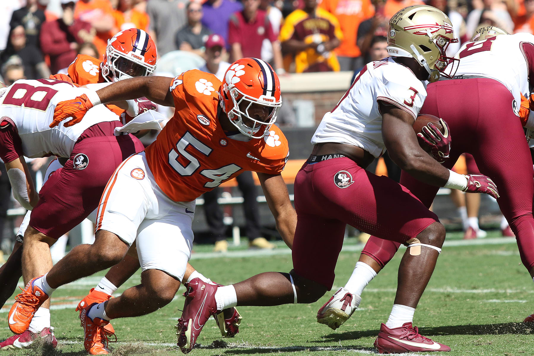 CLEMSON, SC - SEPTEMBER 23: Clemson Tigers linebacker Jeremiah Trotter Jr. (54) during a college football game between the Florida State Seminoles and the Clemson Tigers on September 23, 2023, at Clemson Memorial Stadium in Clemson, S.C.  (Photo by John Byrum/Icon Sportswire via Getty Images)