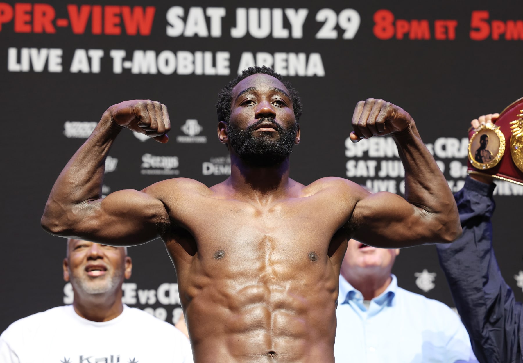 LAS VEGAS, NEVADA - JULY 28: Terence Crawford poses on the scale during the weigh-in for his title fight against Errol Spence Jr. at T-Mobile Arena on July 28, 2023. Spence Jr. and Crawford will fight for the undisputed world welterweight championship at T-Mobile Arena in Las Vegas on July 29.  (Photo by Al Bello/Getty Images)