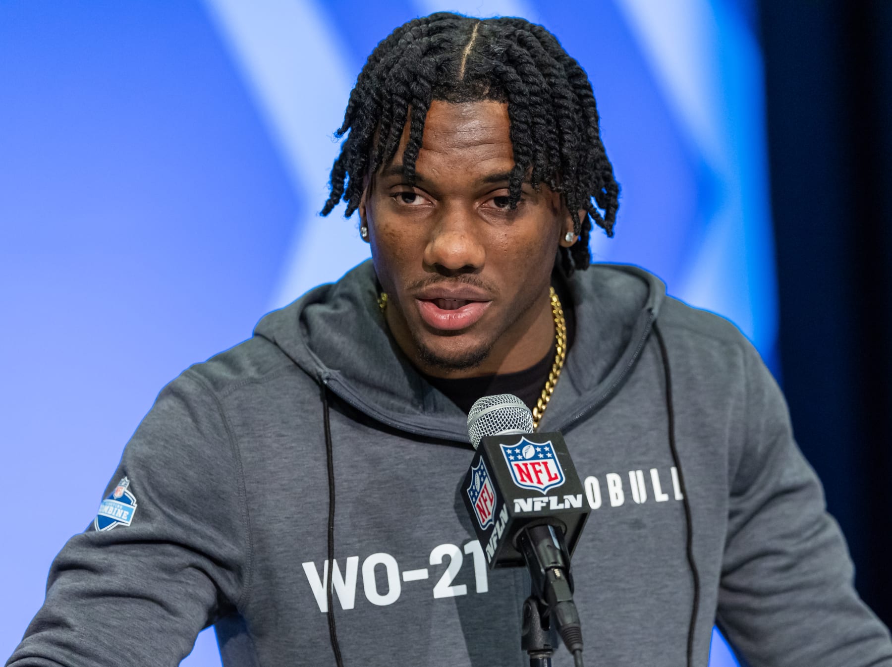 INDIANAPOLIS, INDIANA - MARCH 01: Malik Nabers #WO21 of the LSU Tigers speaks to the media during the 2024 NFL Draft Combine at Lucas Oil Stadium on March 01, 2024 in Indianapolis, Indiana. (Photo by Michael Hickey/Getty Images)
