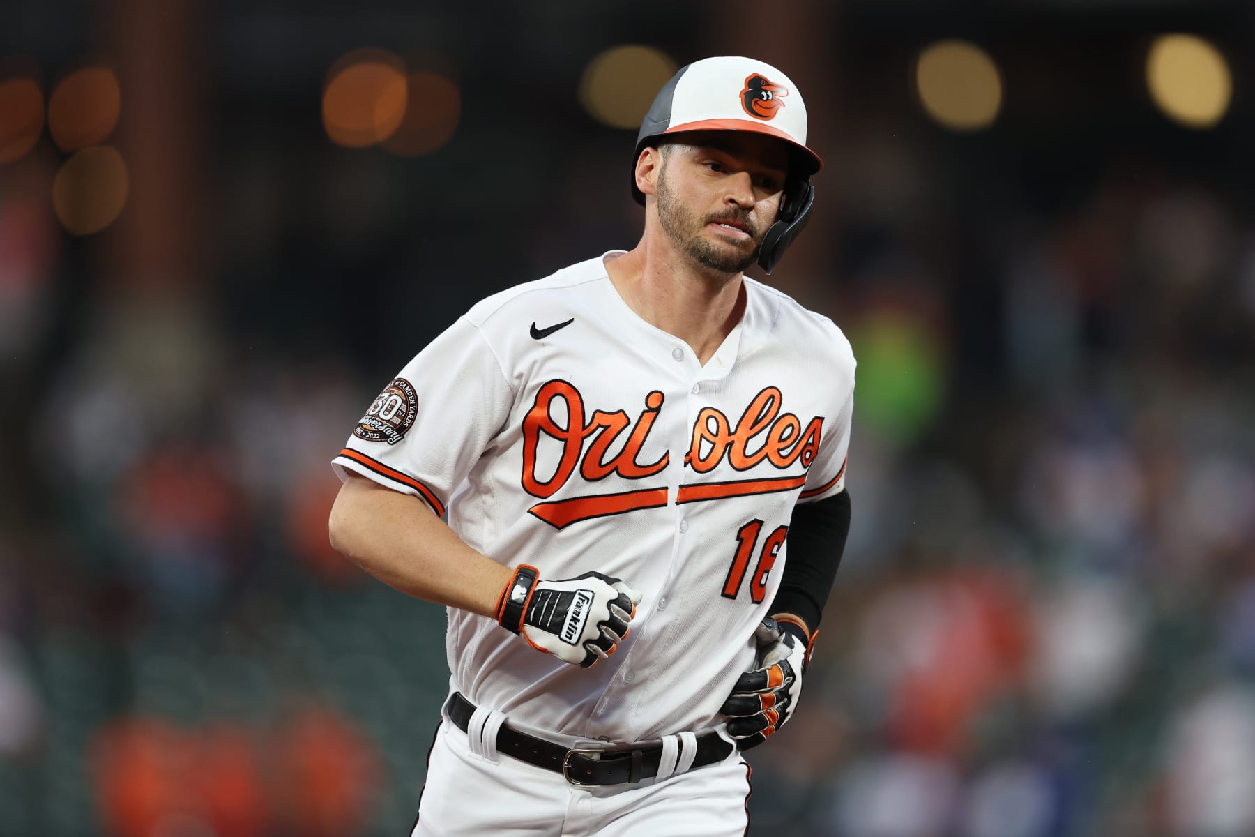BALTIMORE, MARYLAND - JUNE 07: Trey Mancini #16 of the Baltimore Orioles rounds the bases after hitting a home run against the Chicago Cubs during the first inning at Oriole Park at Camden Yards on June 07, 2022 in Baltimore, Maryland. (Photo by Patrick Smith/Getty Images)