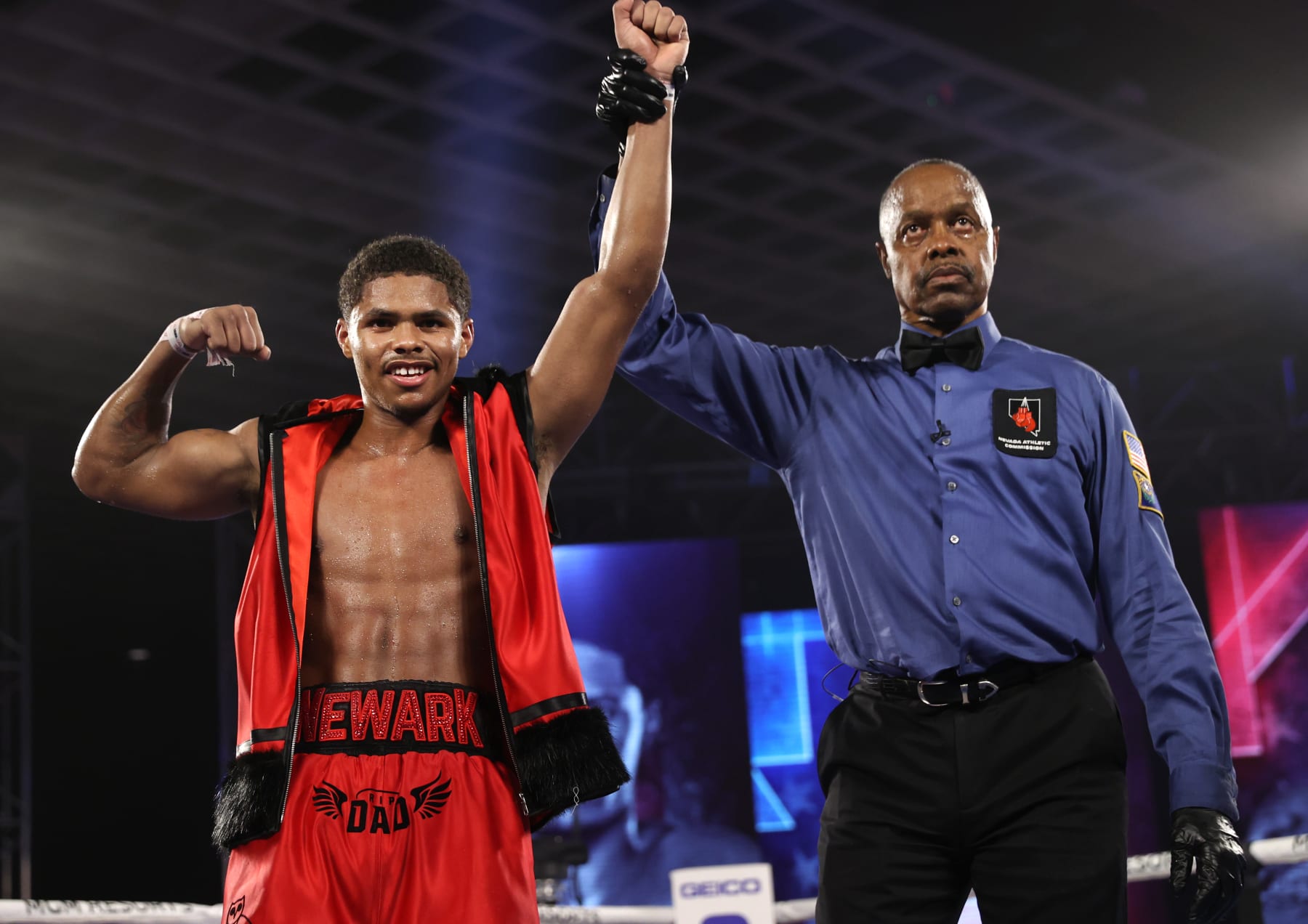 LAS VEGAS, NV - DECEMBER 12: Shakur Stevenson celebrates after defeating Toka Kahn-Clary at the MGM Grand Conference Center on December 12, 2020 in Las Vegas, Nevada. (Photo by Mikey Williams/Top Rank Inc via Getty Images)