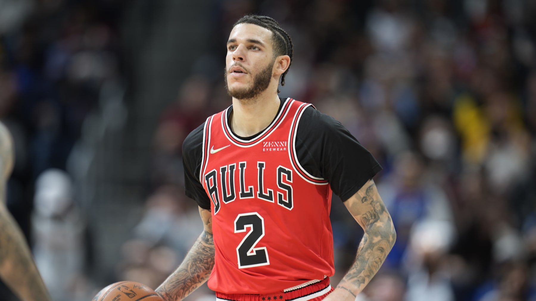 Chicago Bulls guard Lonzo Ball (2) in the second half of an NBA basketball game Friday, Nov. 19, 2021, in Denver. The Bulls won 114-108. (AP Photo/David Zalubowski)
