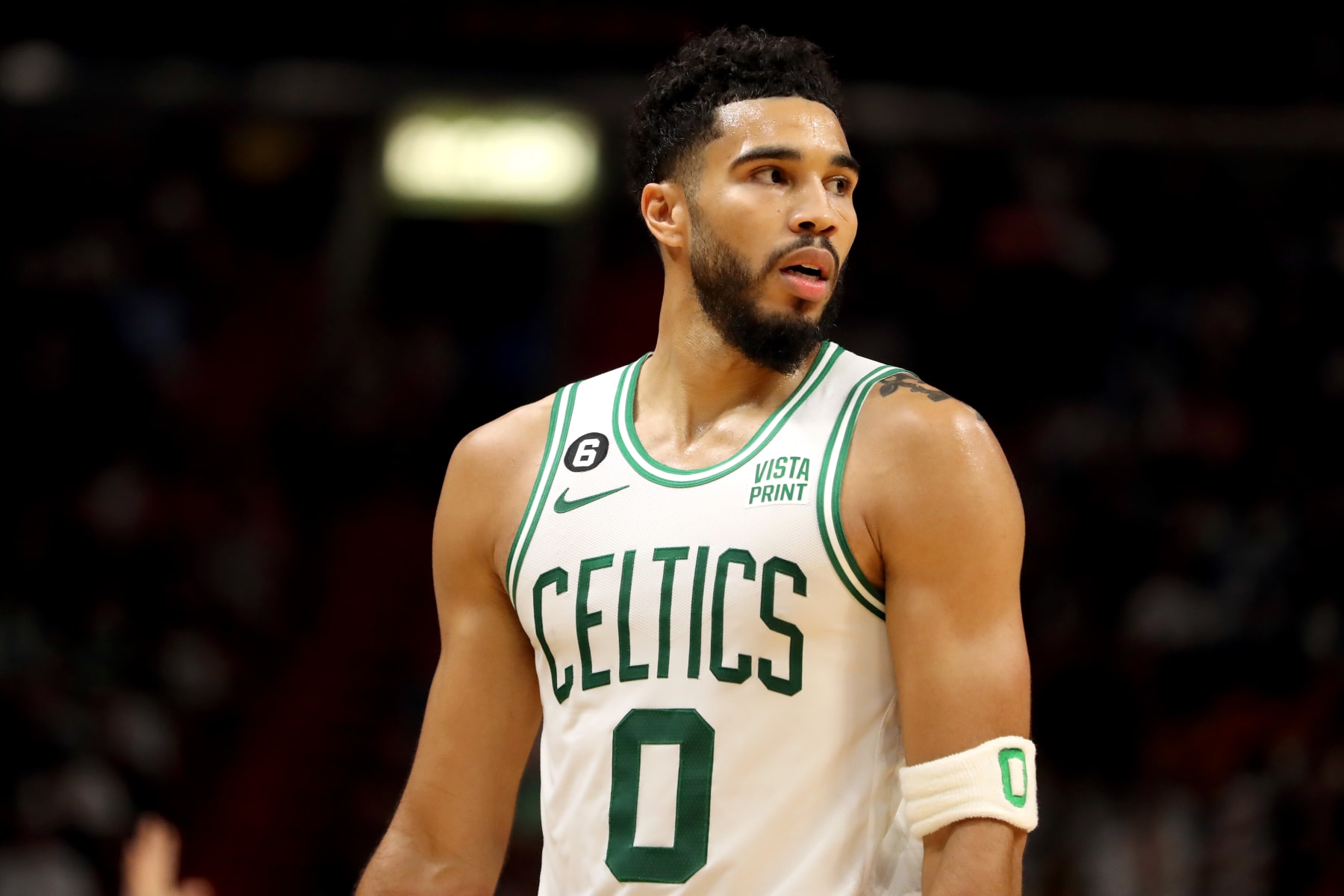 MIAMI, FLORIDA - OCTOBER 21: Jayson Tatum #0 of the Boston Celtics looks on against the Miami Heat during the second quarter at FTX Arena on October 21, 2022 in Miami, Florida. NOTE TO USER: User expressly acknowledges and agrees that, by downloading and or using this photograph, User is consenting to the terms and conditions of the Getty Images License Agreement. (Photo by Megan Briggs/Getty Images)