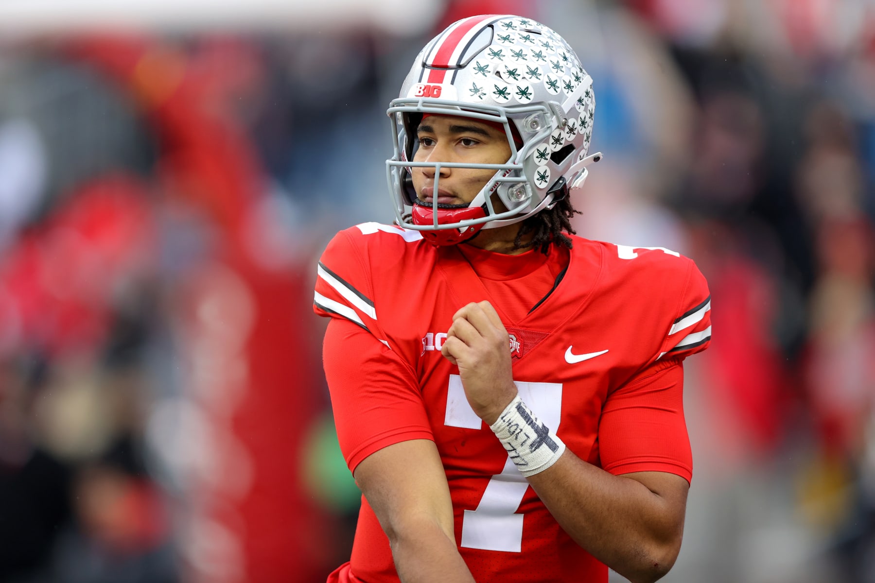 COLUMBUS, OH - NOVEMBER 12: Ohio State Buckeyes quarterback C.J. Stroud (7) on the field  during the fourth quarter of the college football game between the Indiana Hoosiers and Ohio State Buckeyes on November 12, 2022, at Ohio Stadium in Columbus, OH. (Photo by Frank Jansky/Icon Sportswire via Getty Images)