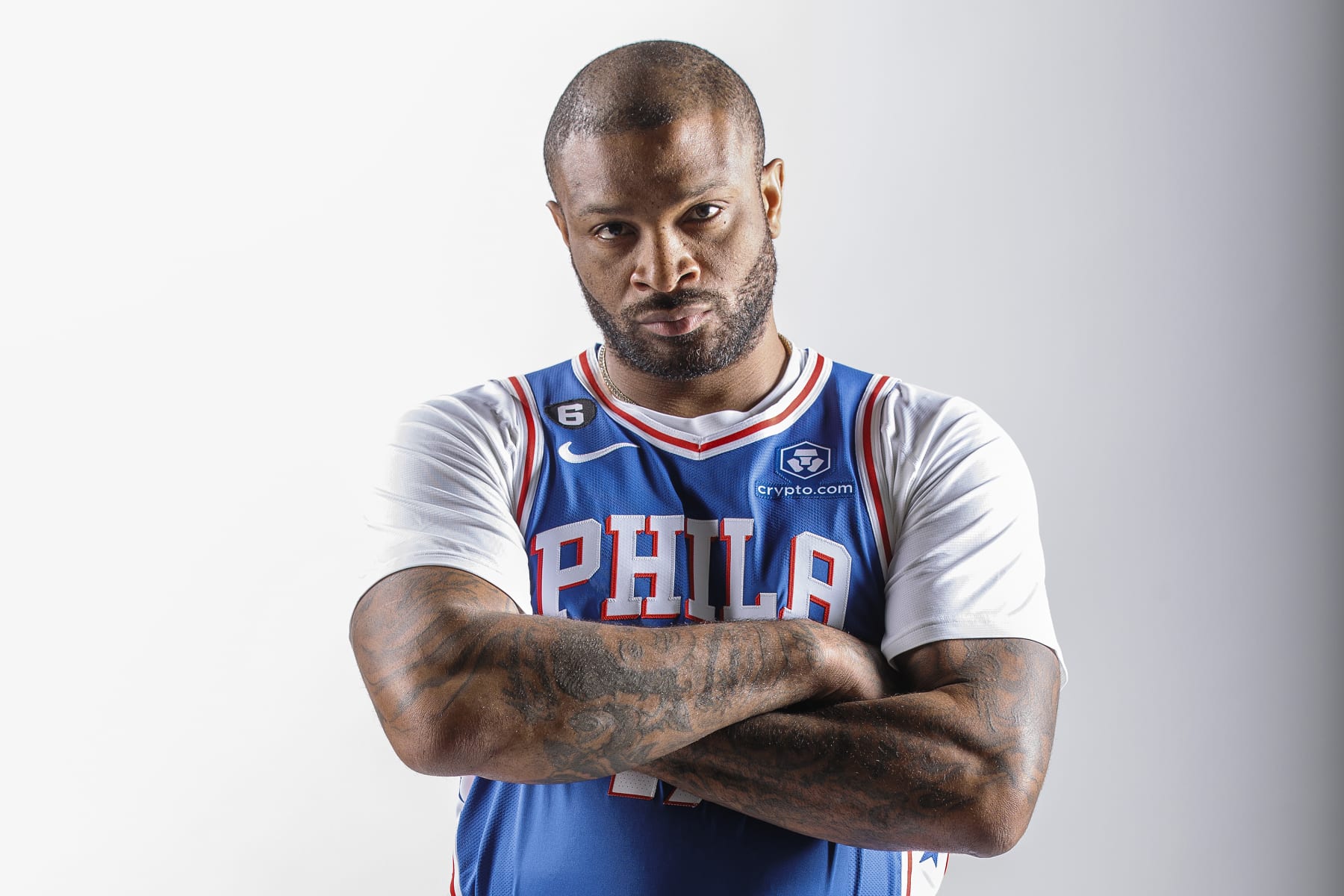 CAMDEN, NEW JERSEY - SEPTEMBER 26: P.J. Tucker #17 of the Philadelphia 76ers poses at 76ers Training Complex on September 26, 2022 in Camden, New Jersey. NOTE TO USER: User expressly acknowledges and agrees that,  by downloading and or using this photograph,  User is consenting to the terms and conditions of the Getty Images License Agreement. (Photo by Tim Nwachukwu/Getty Images)