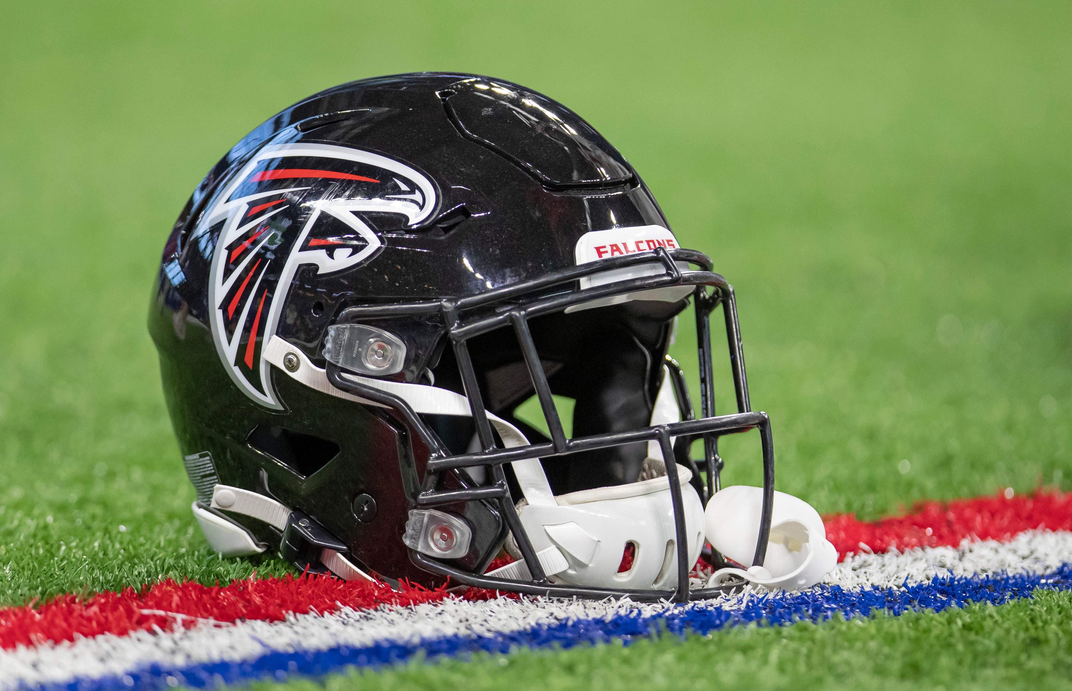 INDIANAPOLIS, IN - SEPTEMBER 22: An Atlanta Falcons helmet is seen on the field before the game against the Indianapolis Colts at Lucas Oil Stadium on September 22, 2019 in Indianapolis, Indiana. (Photo by Michael Hickey/Getty Images)
